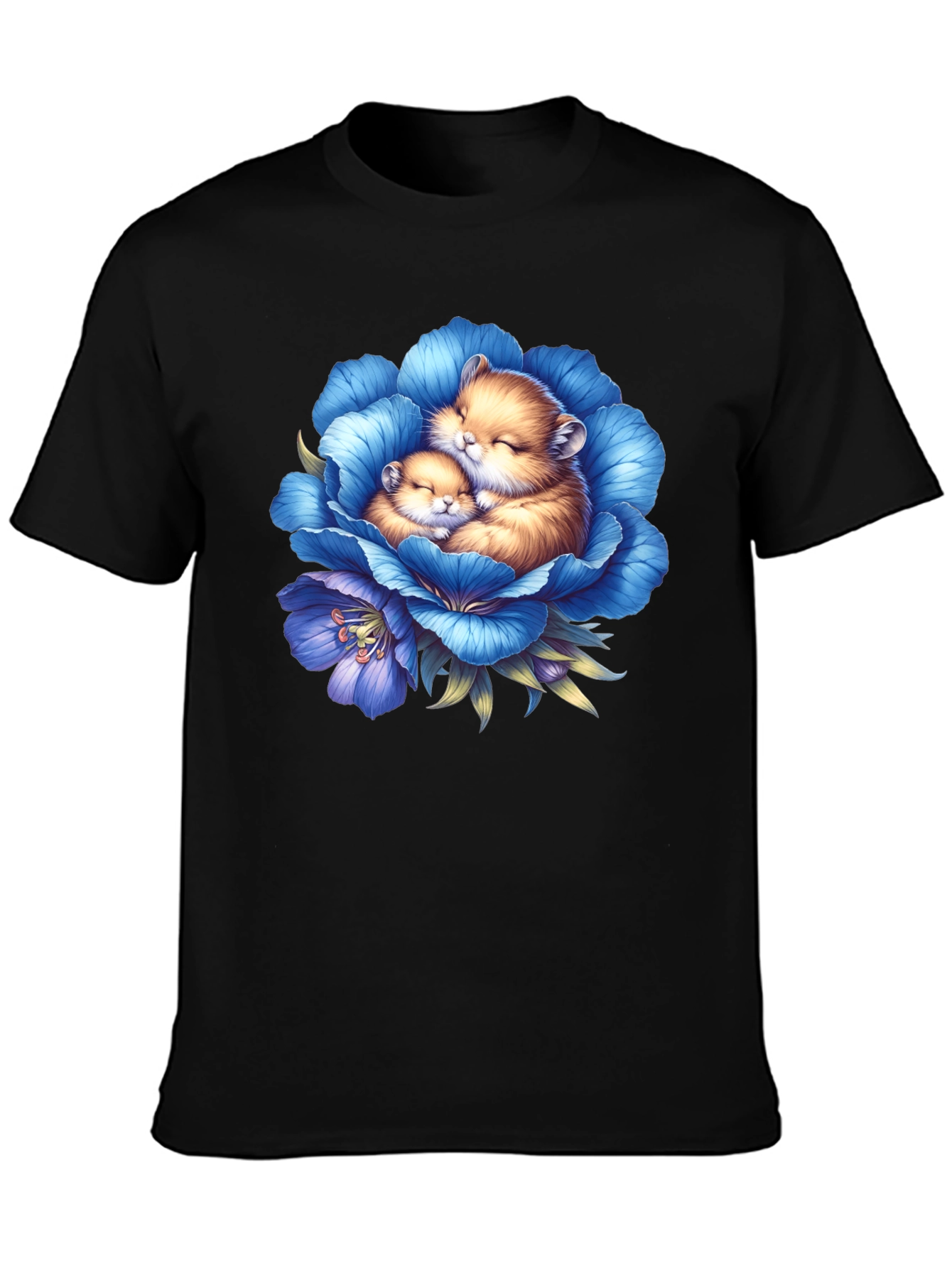 Cute Hamsters in Blue Flower Graphic T-Shirt