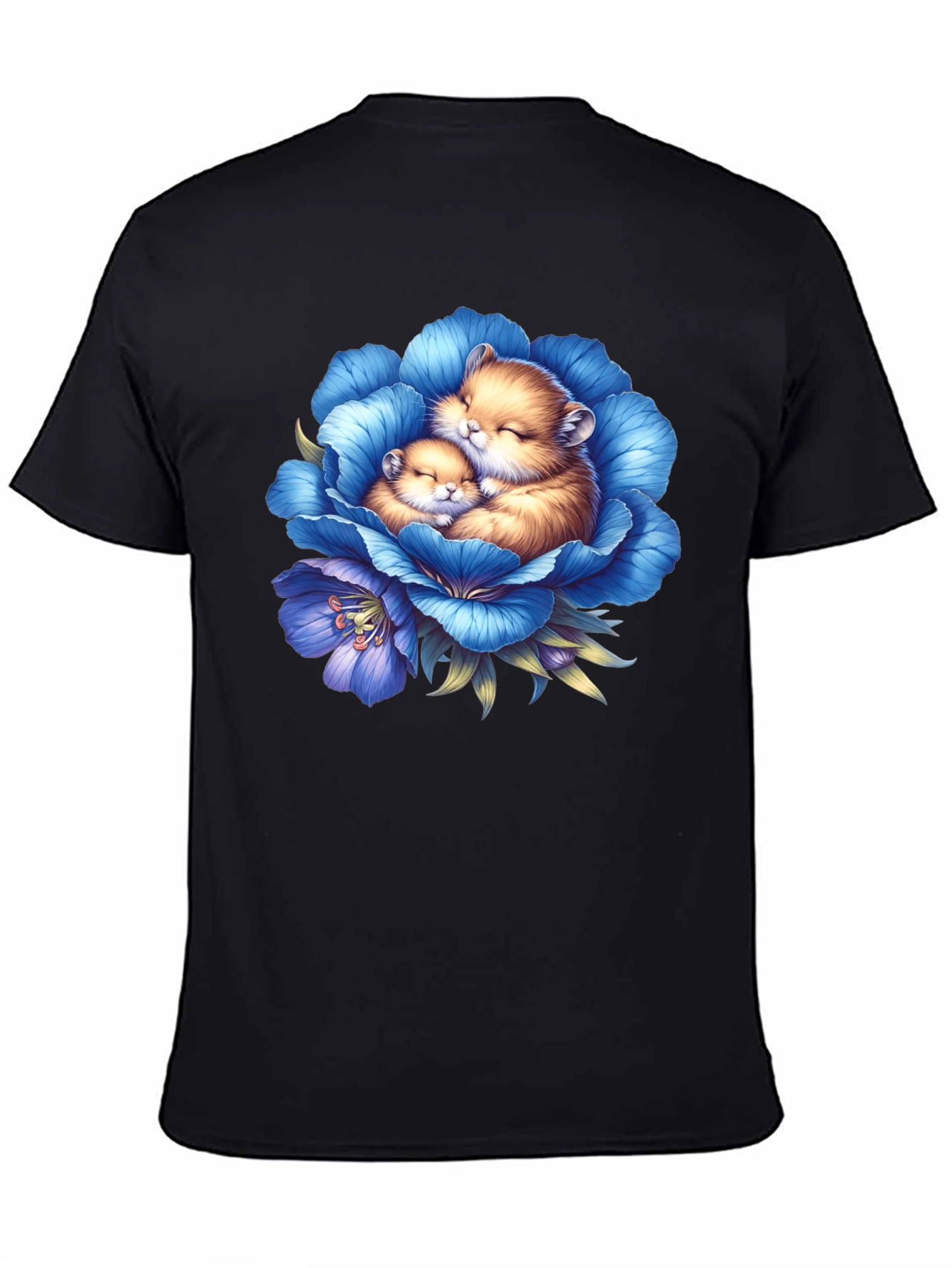 Cute Hamsters in Blue Flower Graphic T-Shirt