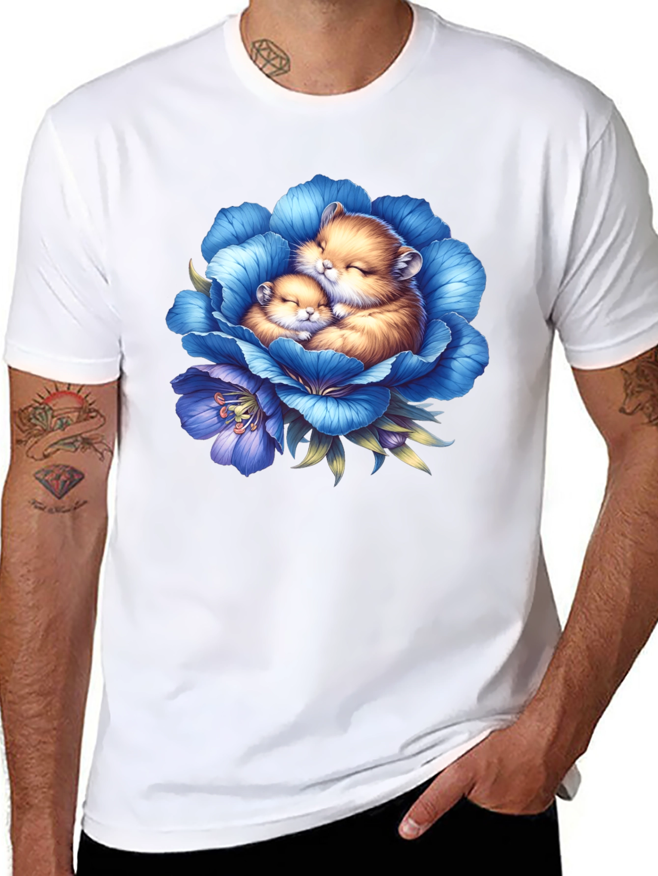 Cute Hamsters in Blue Flower Graphic T-Shirt