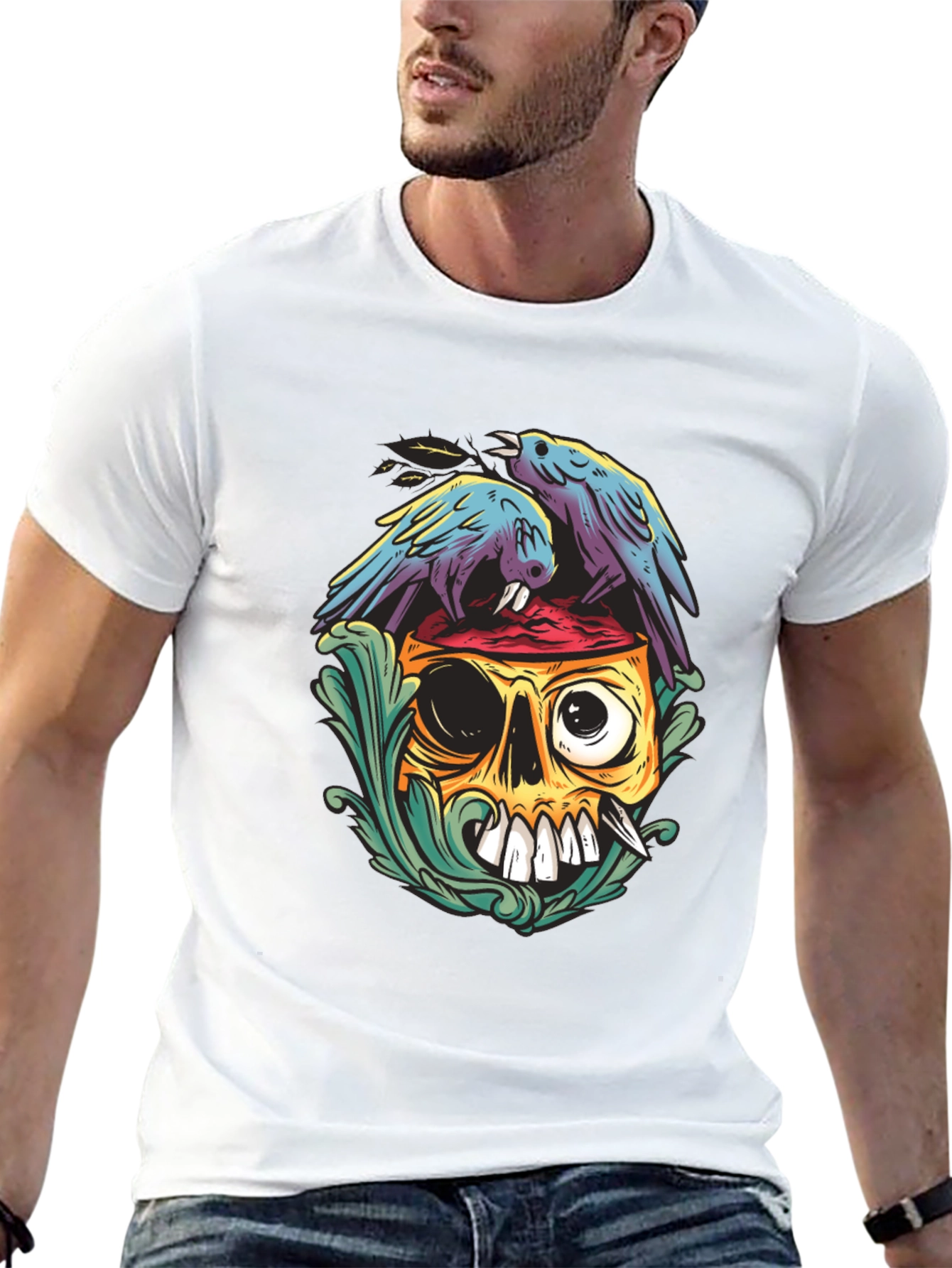 Skull & Raven Graphic Tee - Black Casual T-Shirt