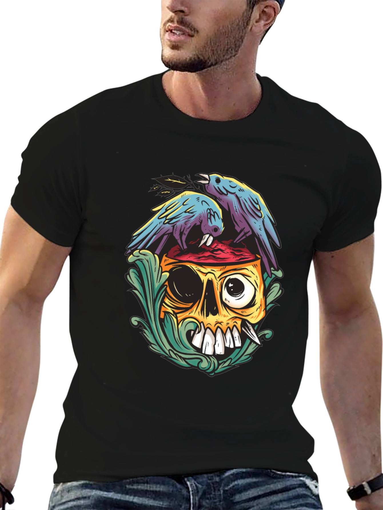 Skull & Raven Graphic Tee - Black Casual T-Shirt