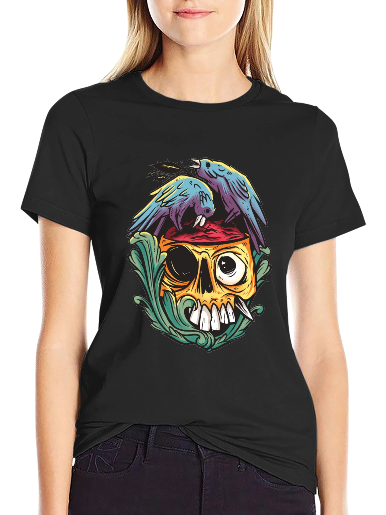 Skull & Raven Graphic Tee - Black Casual T-Shirt
