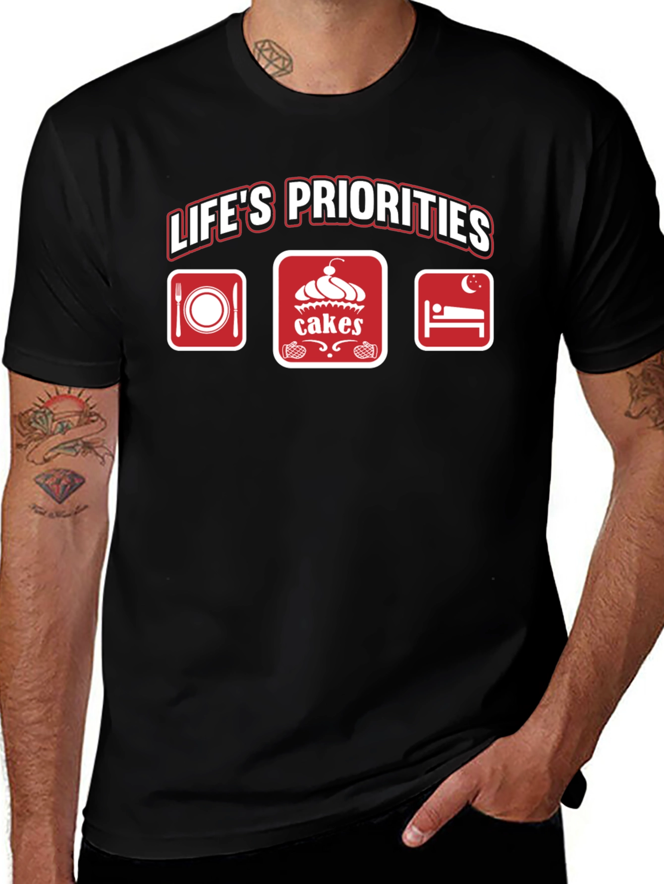 Lifes Priorities T-Shirt - Food Cakes Sleep