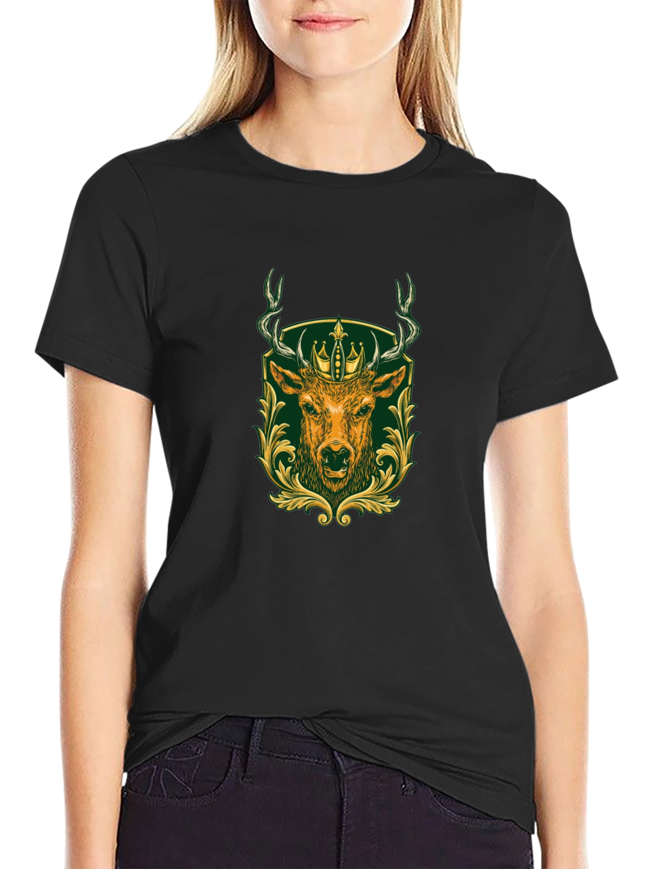 Mens Black Tee with Deer & Crown Graphic