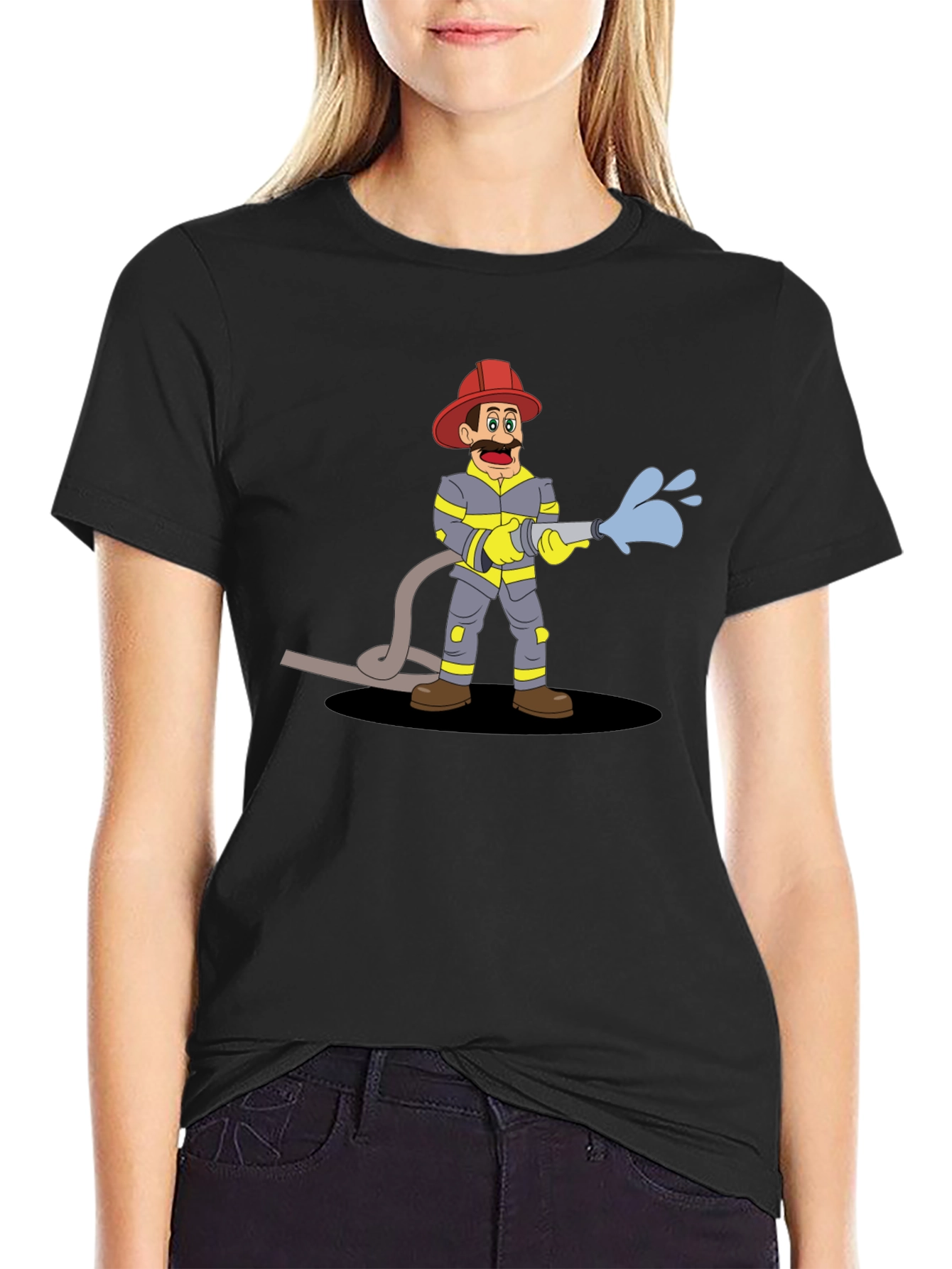 Cartoon Fireman Graphic Tee - Black