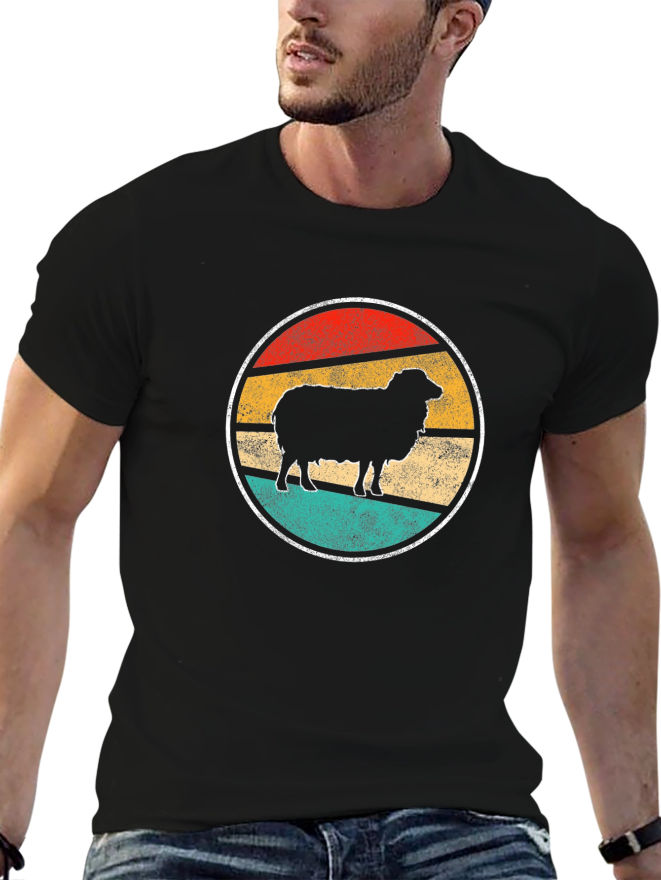 Retro Sheep Graphic Tee - Black Cotton T-Shirt