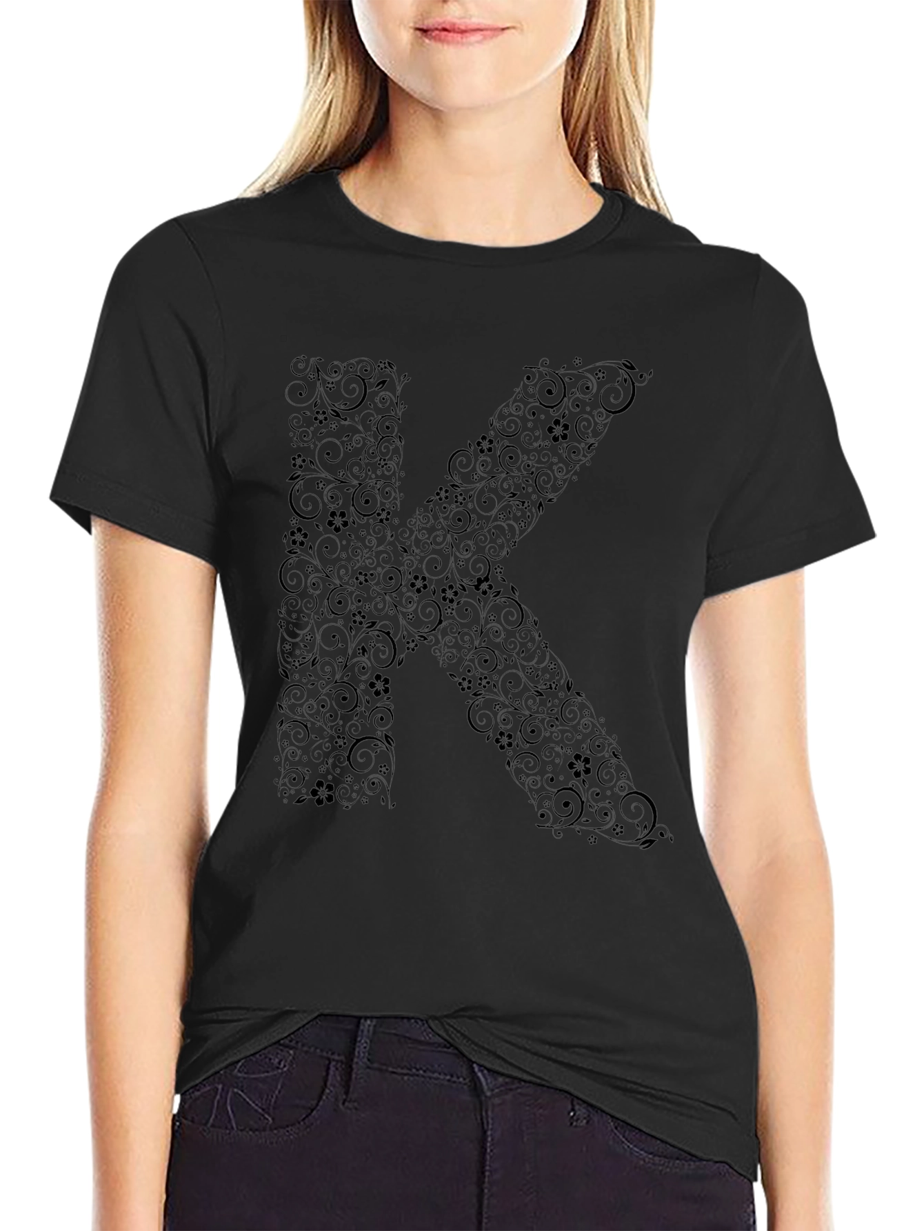 Floral Letter K Black T-Shirt