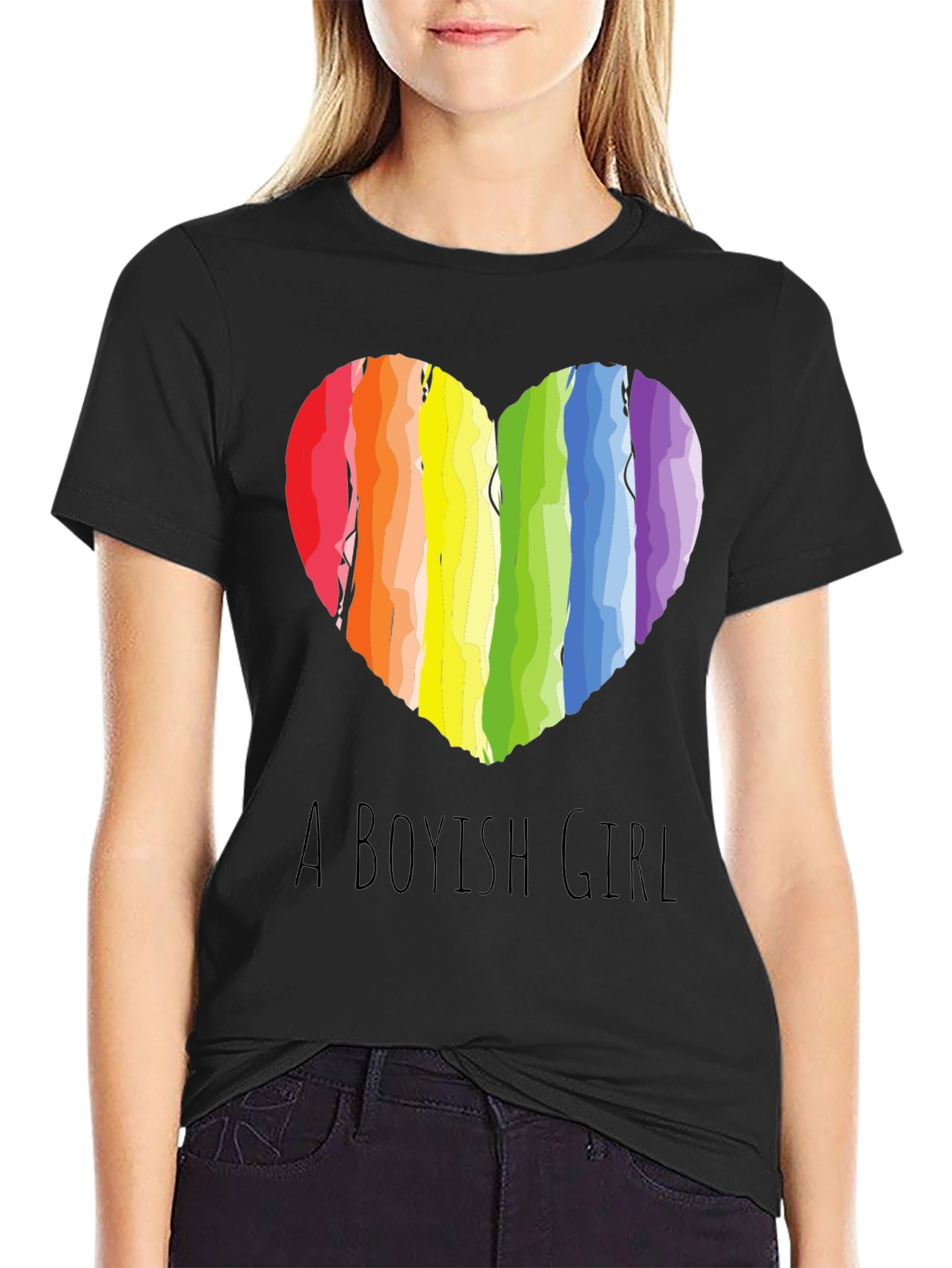 Boyish Girl Rainbow Heart Graphic Tee