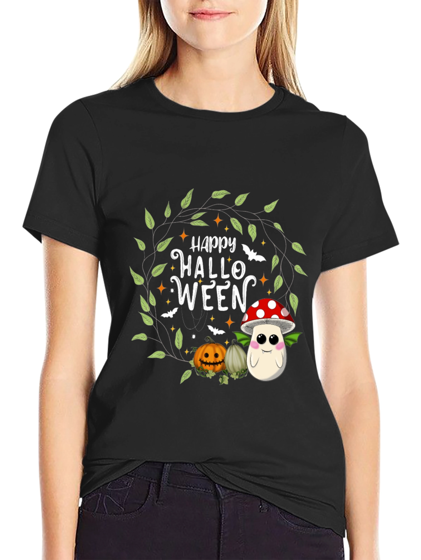 Happy Halloween T-Shirt - Cute Pumpkin & Mushroom Design