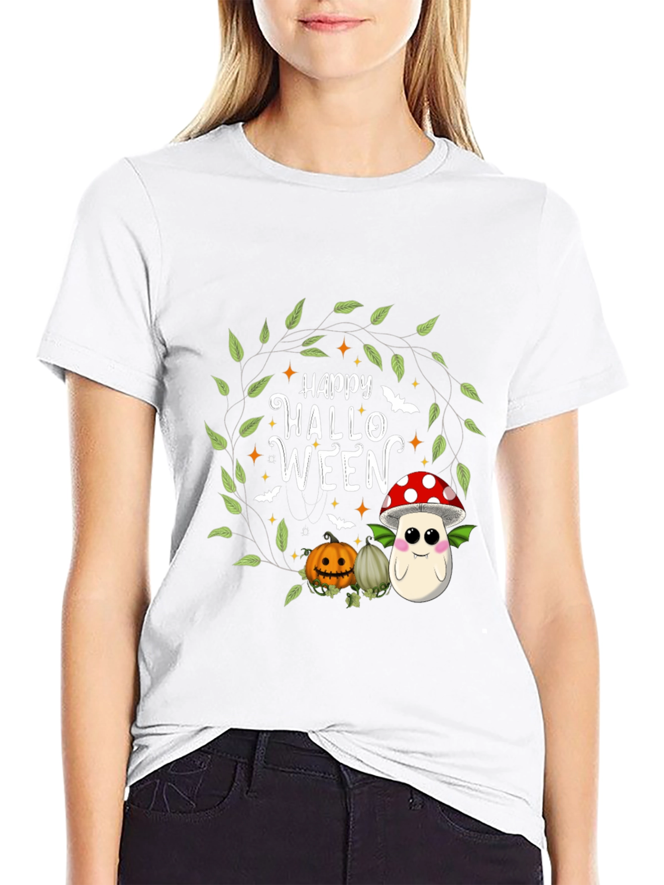 Happy Halloween T-Shirt - Cute Pumpkin & Mushroom Design