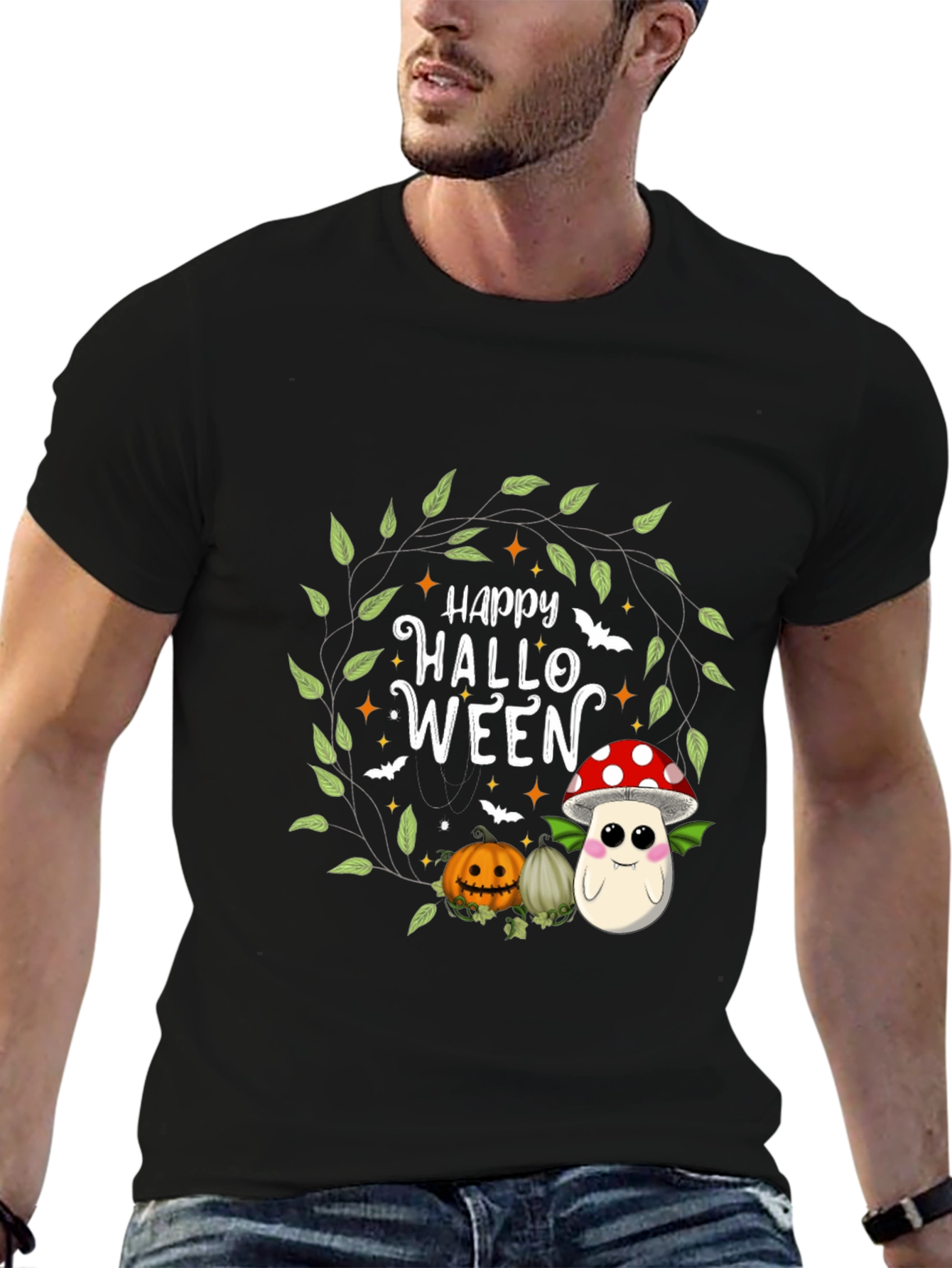 Happy Halloween T-Shirt - Cute Pumpkin & Mushroom Design