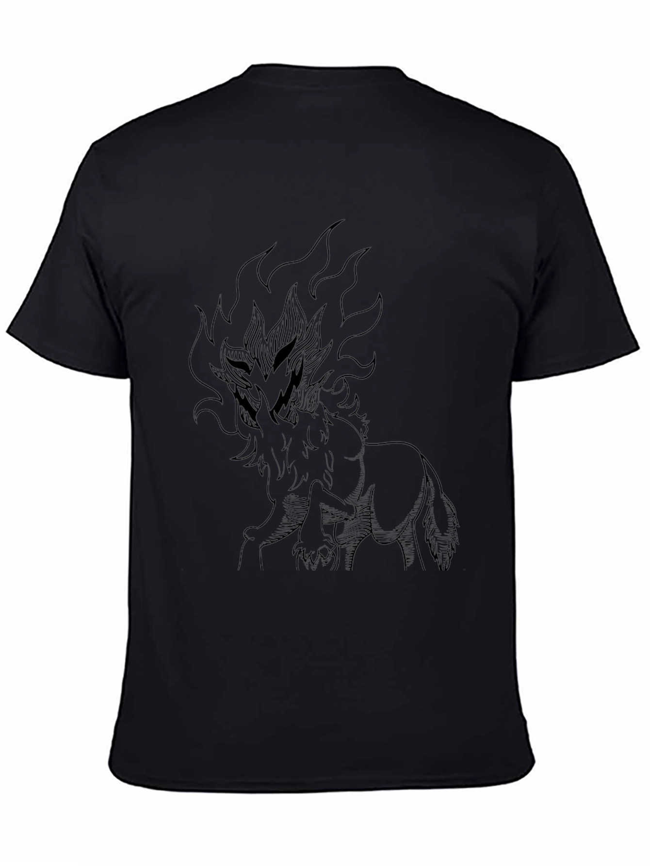 Black T-Shirt with Fiery Wolf Design