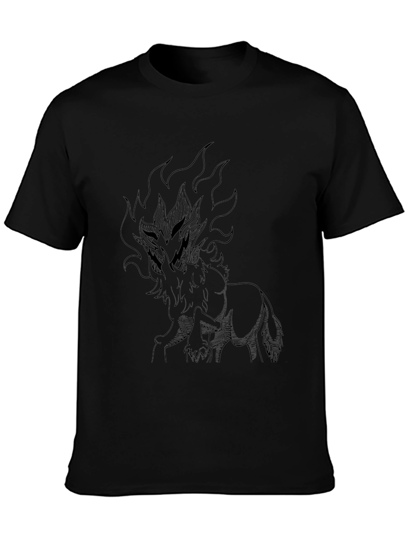 Black T-Shirt with Fiery Wolf Design