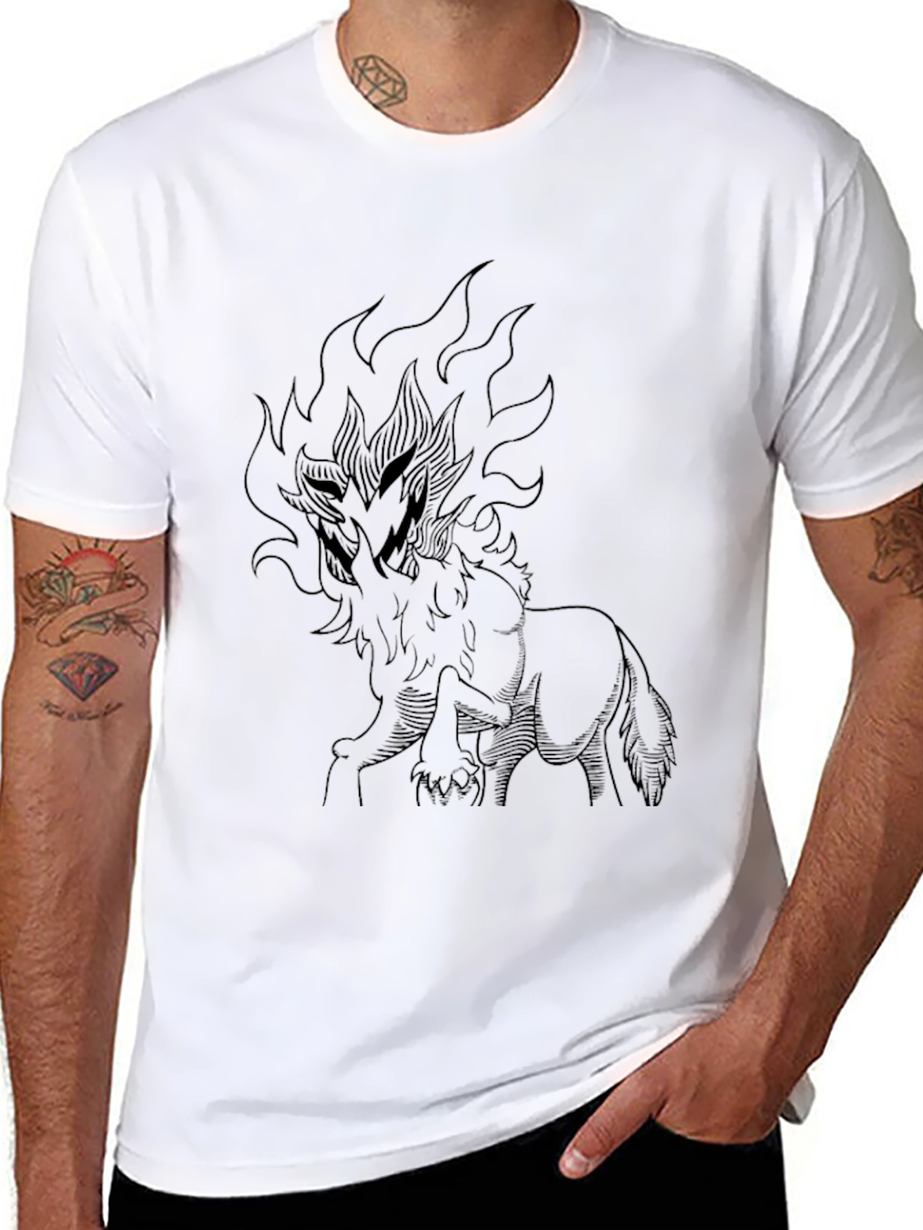 Black T-Shirt with Fiery Wolf Design