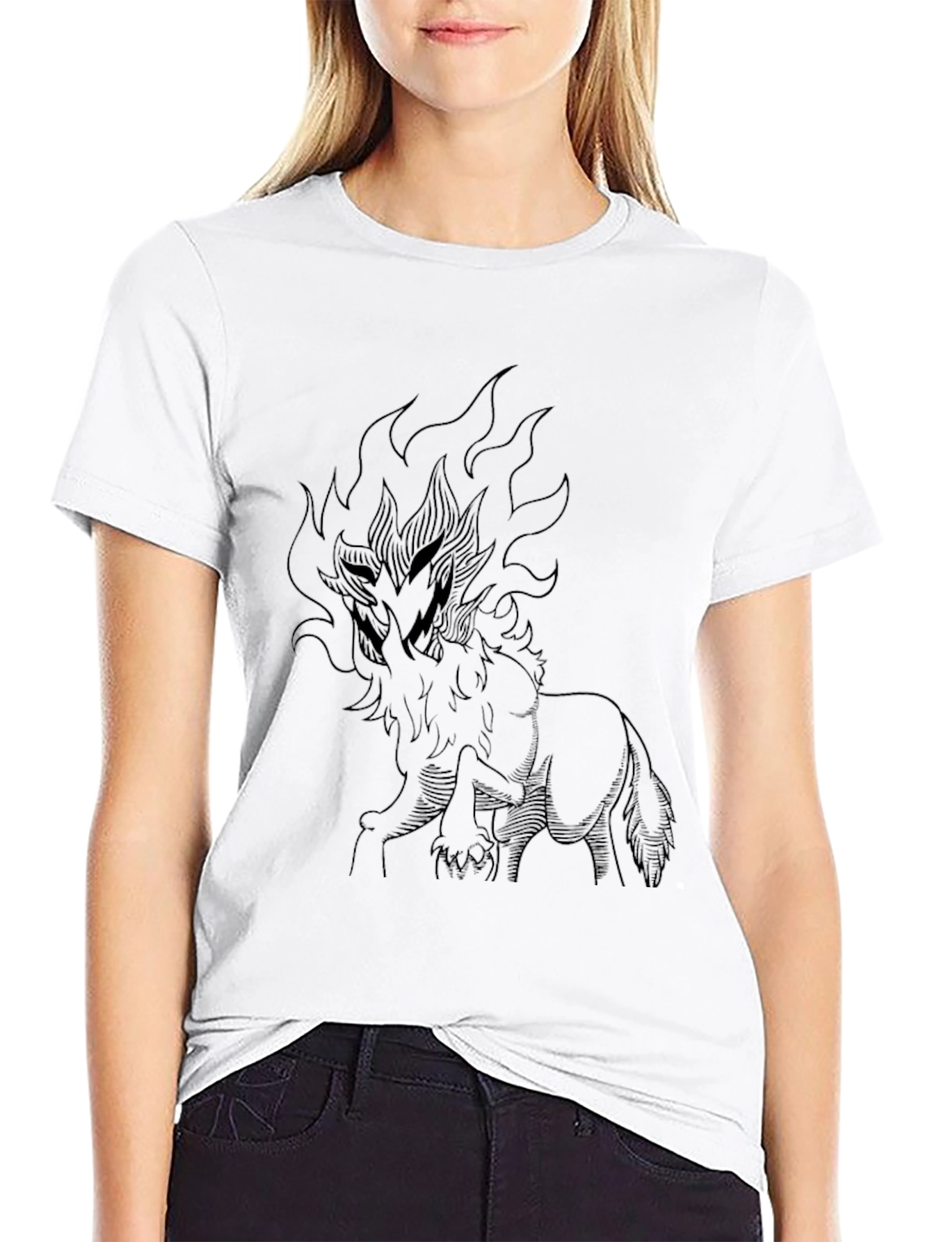 Black T-Shirt with Fiery Wolf Design