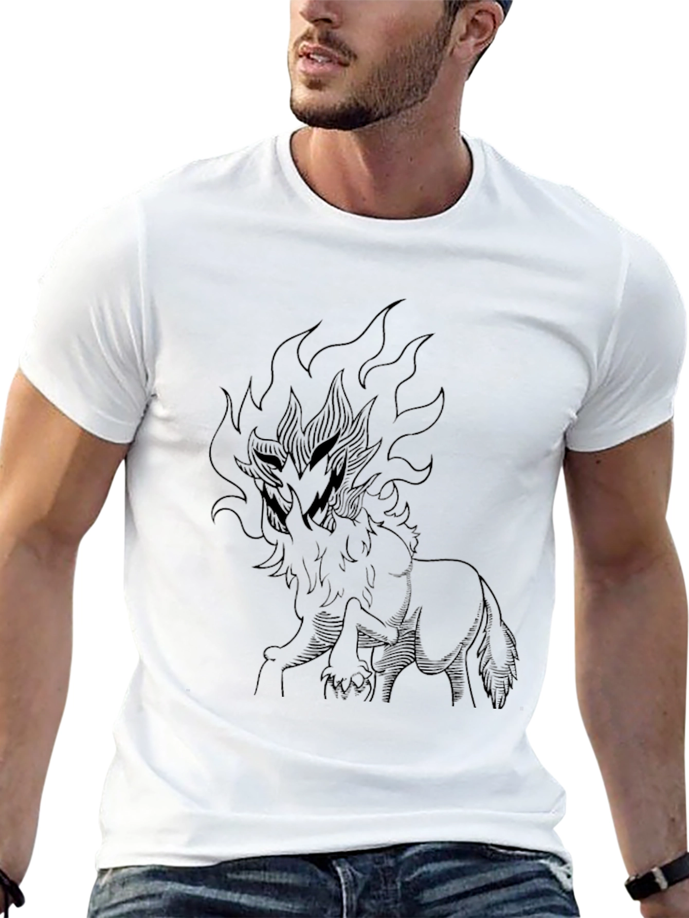Black T-Shirt with Fiery Wolf Design
