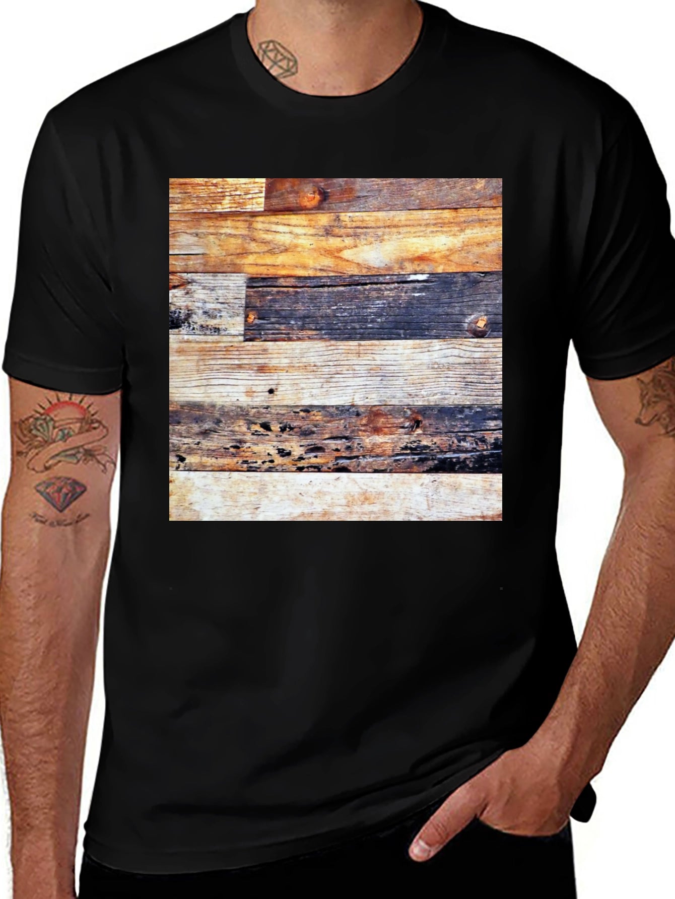 Rustic Wood Panel Tee - Graphic Print Black Shirt