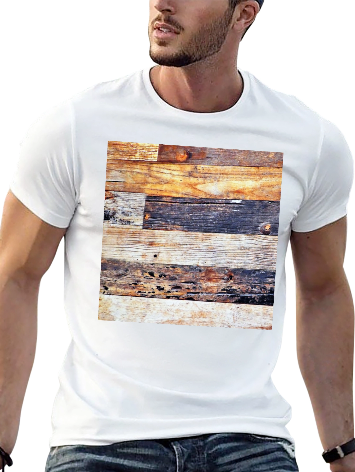 Rustic Wood Panel Tee - Graphic Print Black Shirt