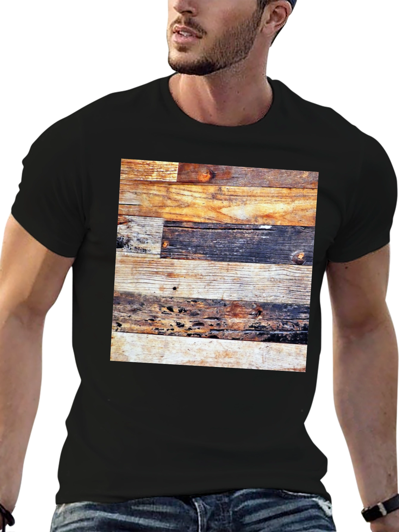 Rustic Wood Panel Tee - Graphic Print Black Shirt
