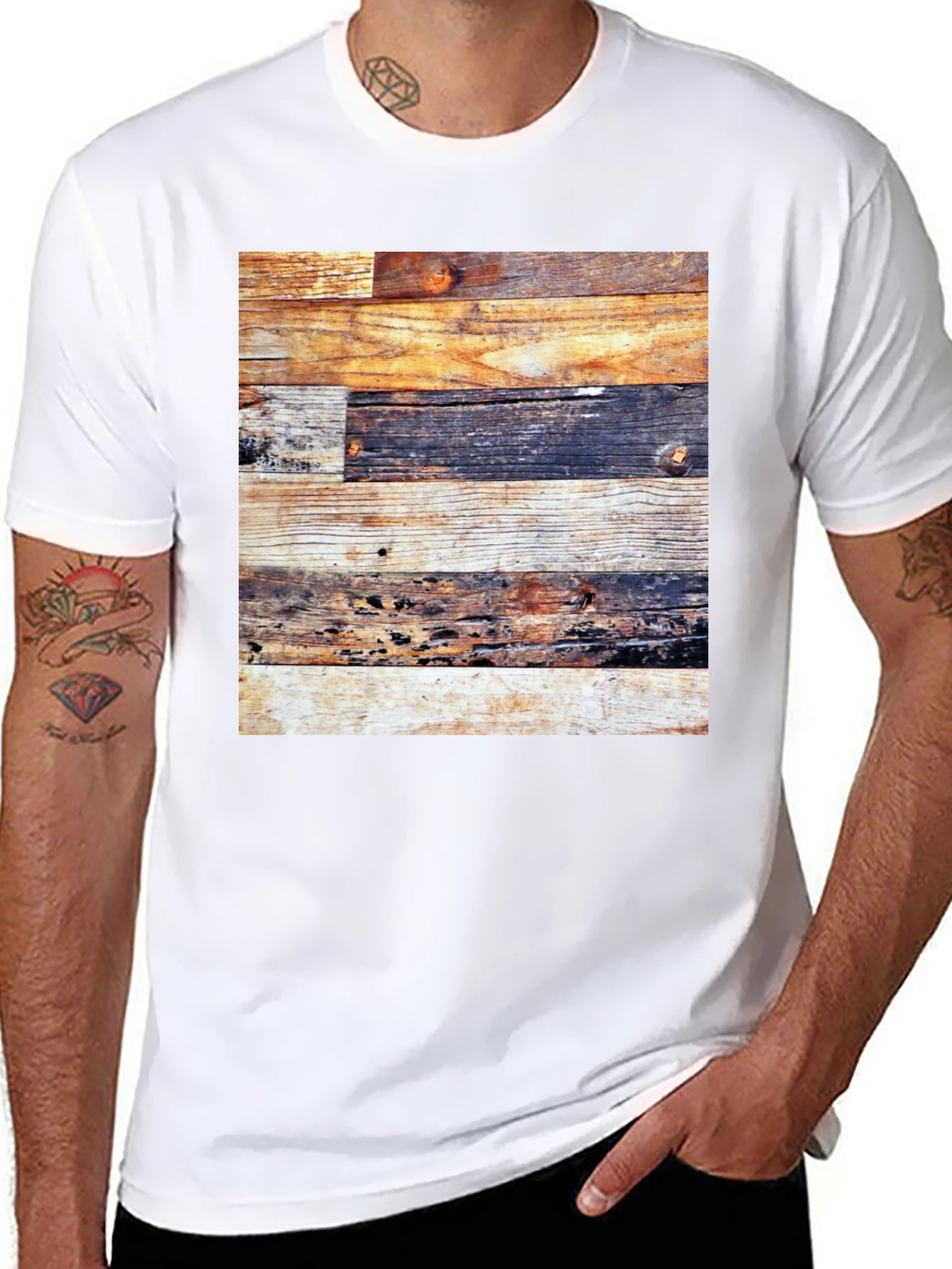 Rustic Wood Panel Tee - Graphic Print Black Shirt