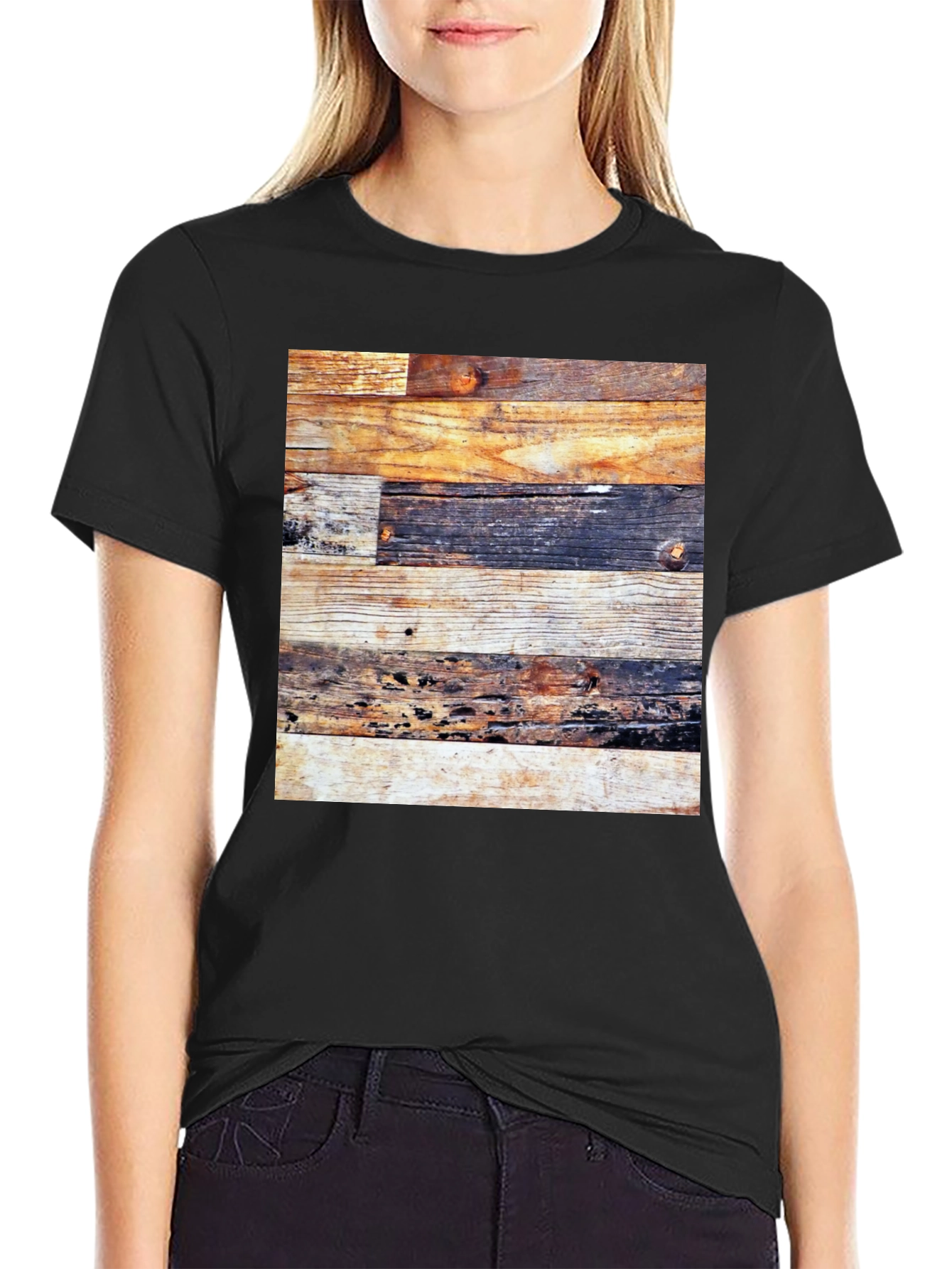 Rustic Wood Panel Tee - Graphic Print Black Shirt