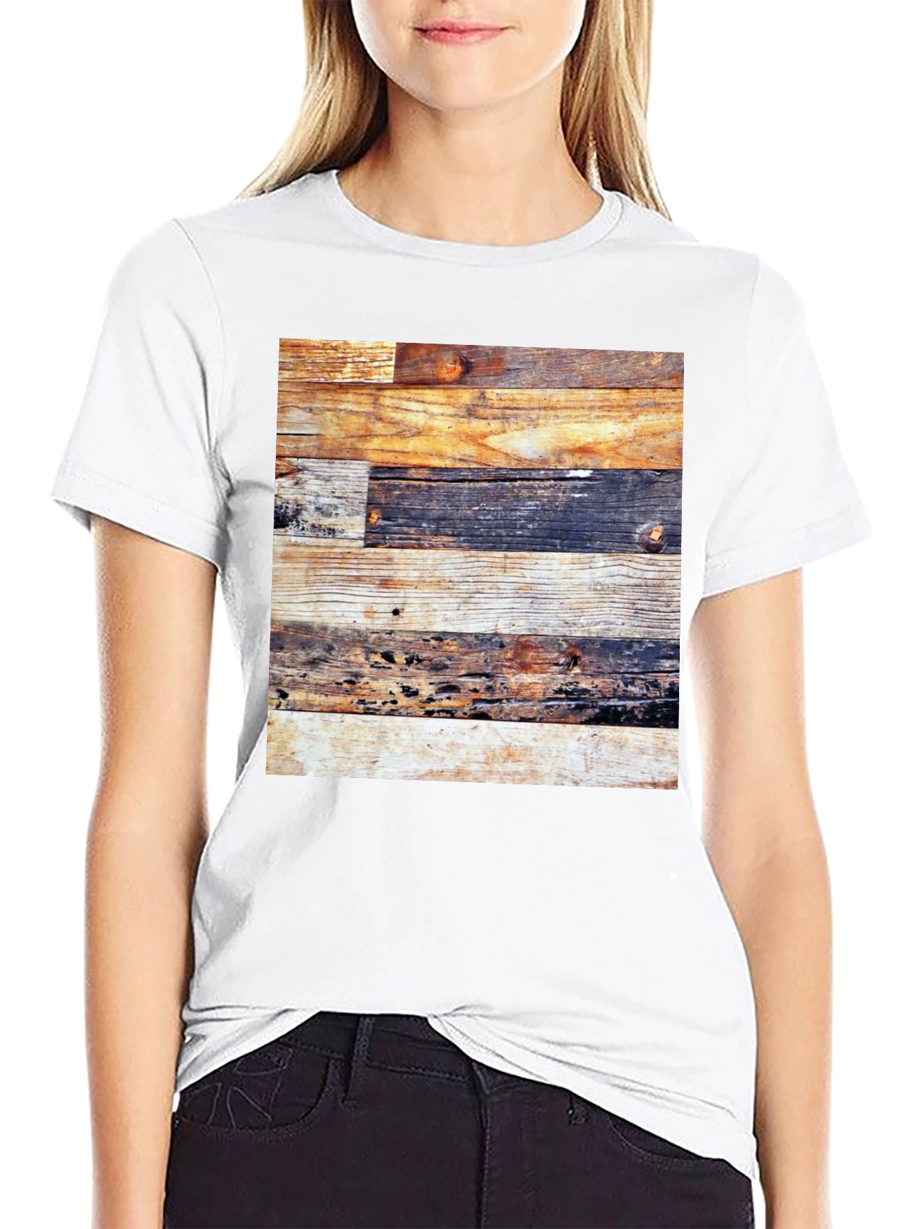 Rustic Wood Panel Tee - Graphic Print Black Shirt
