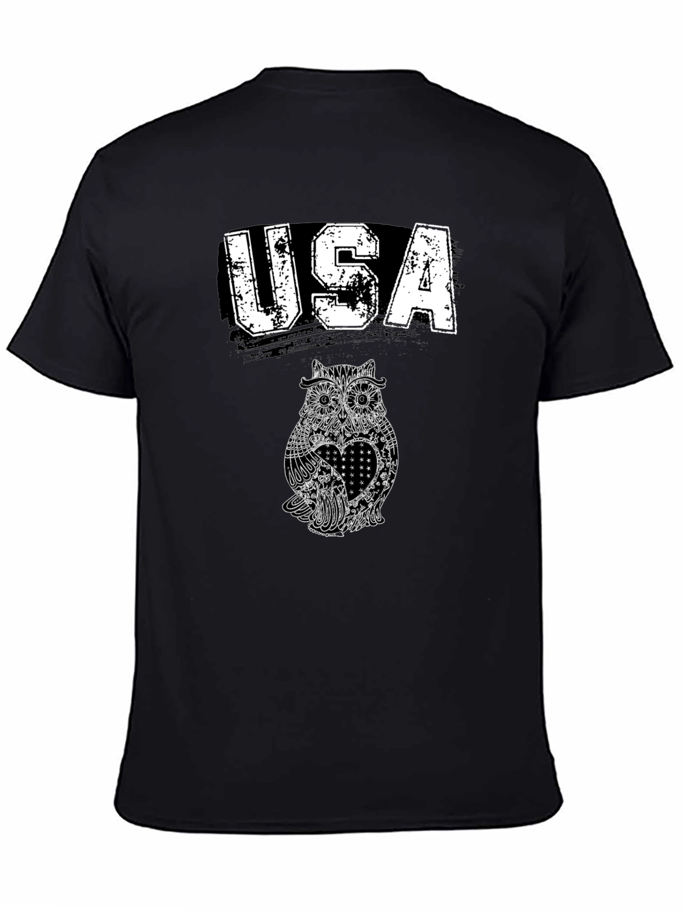 USA Owl Graphic Print Black T-Shirt