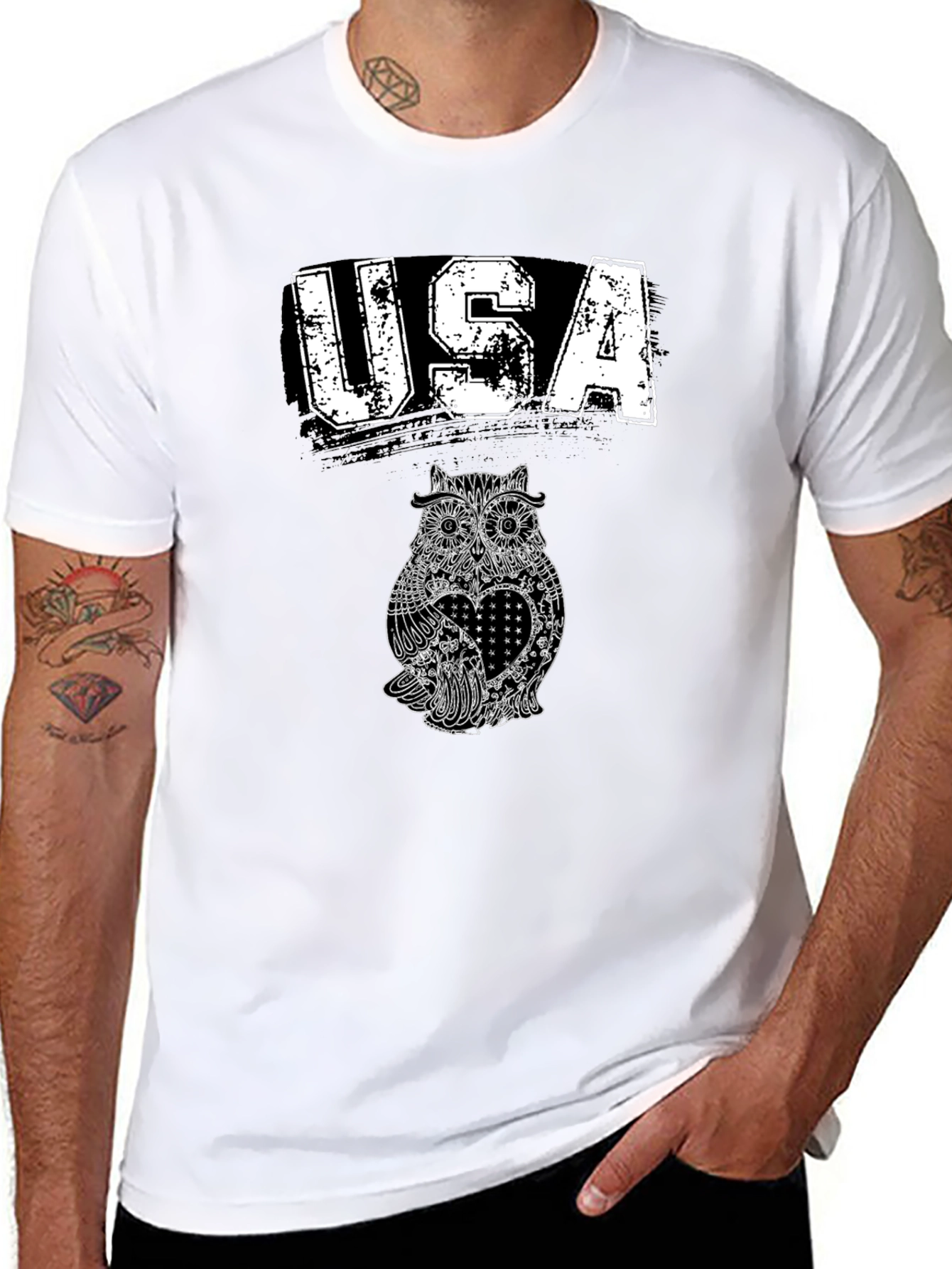 USA Owl Graphic Print Black T-Shirt