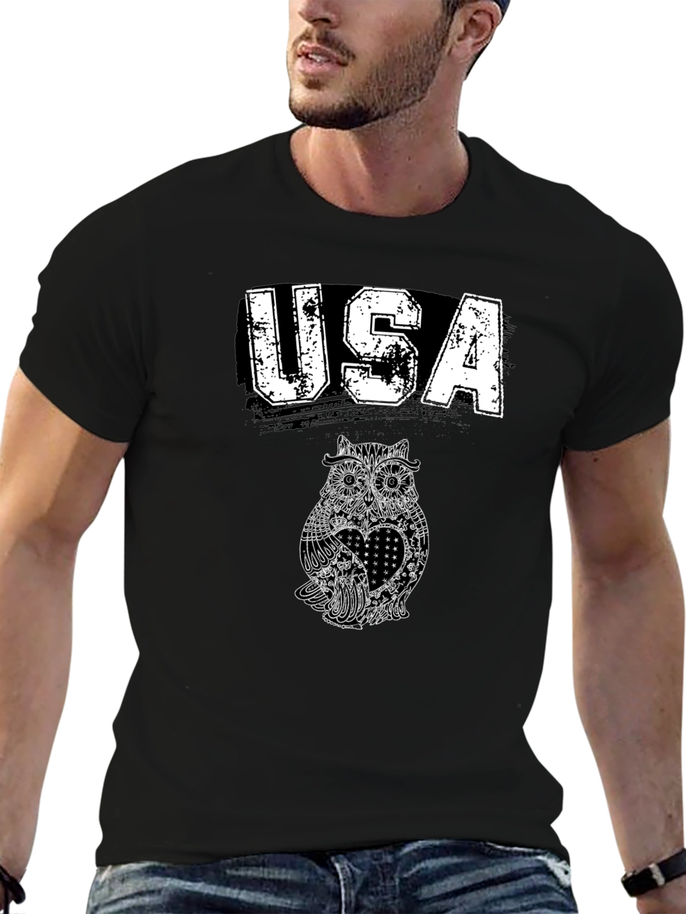 USA Owl Graphic Print Black T-Shirt