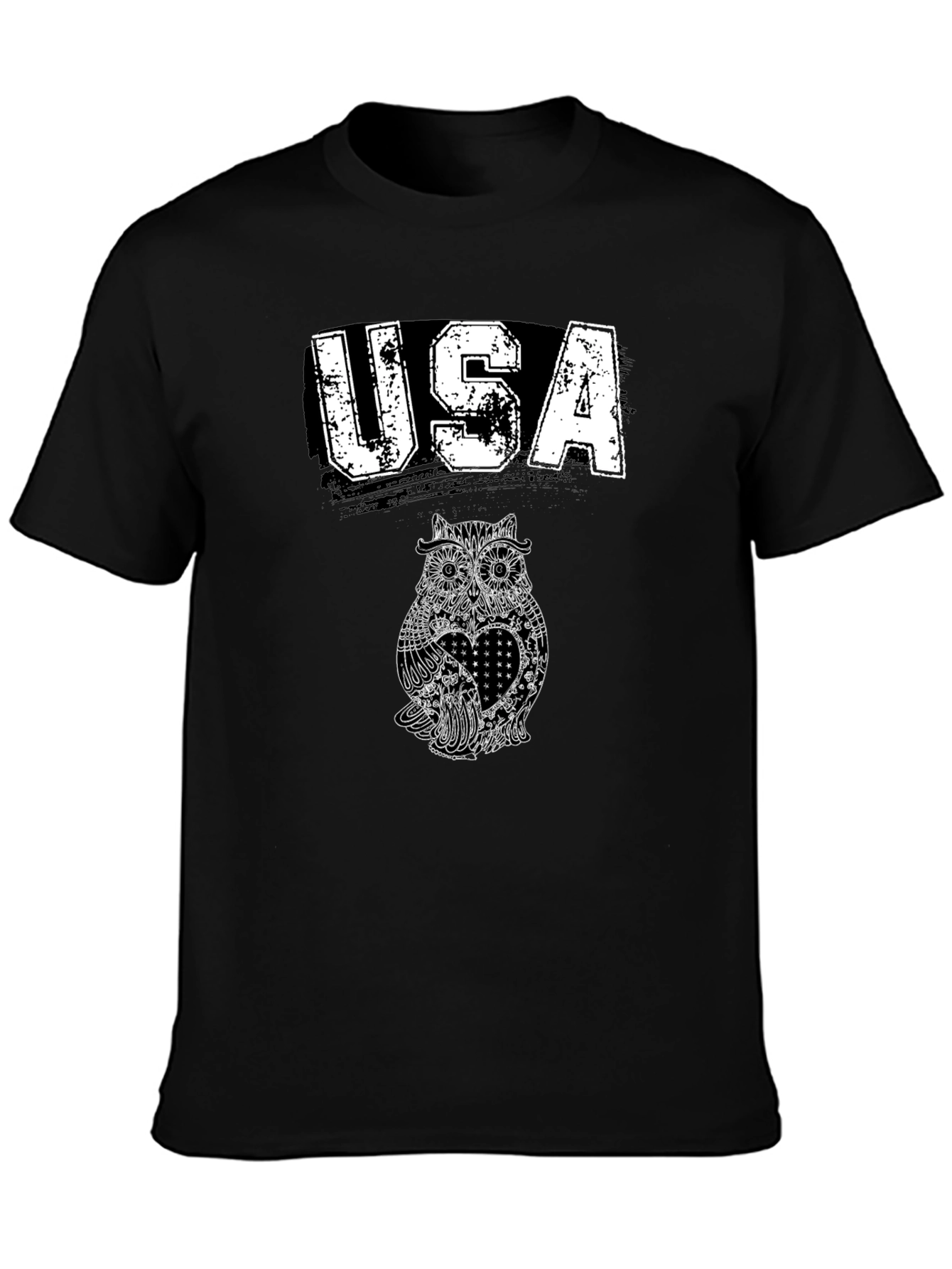 USA Owl Graphic Print Black T-Shirt