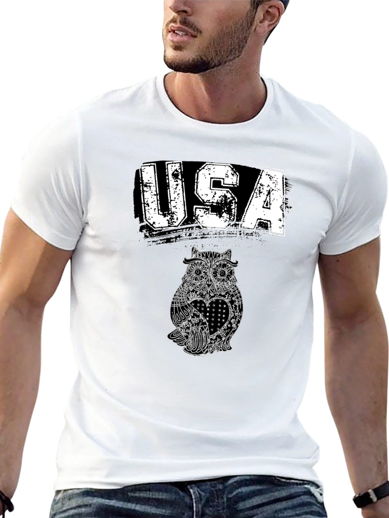 USA Owl Graphic Print Black T-Shirt