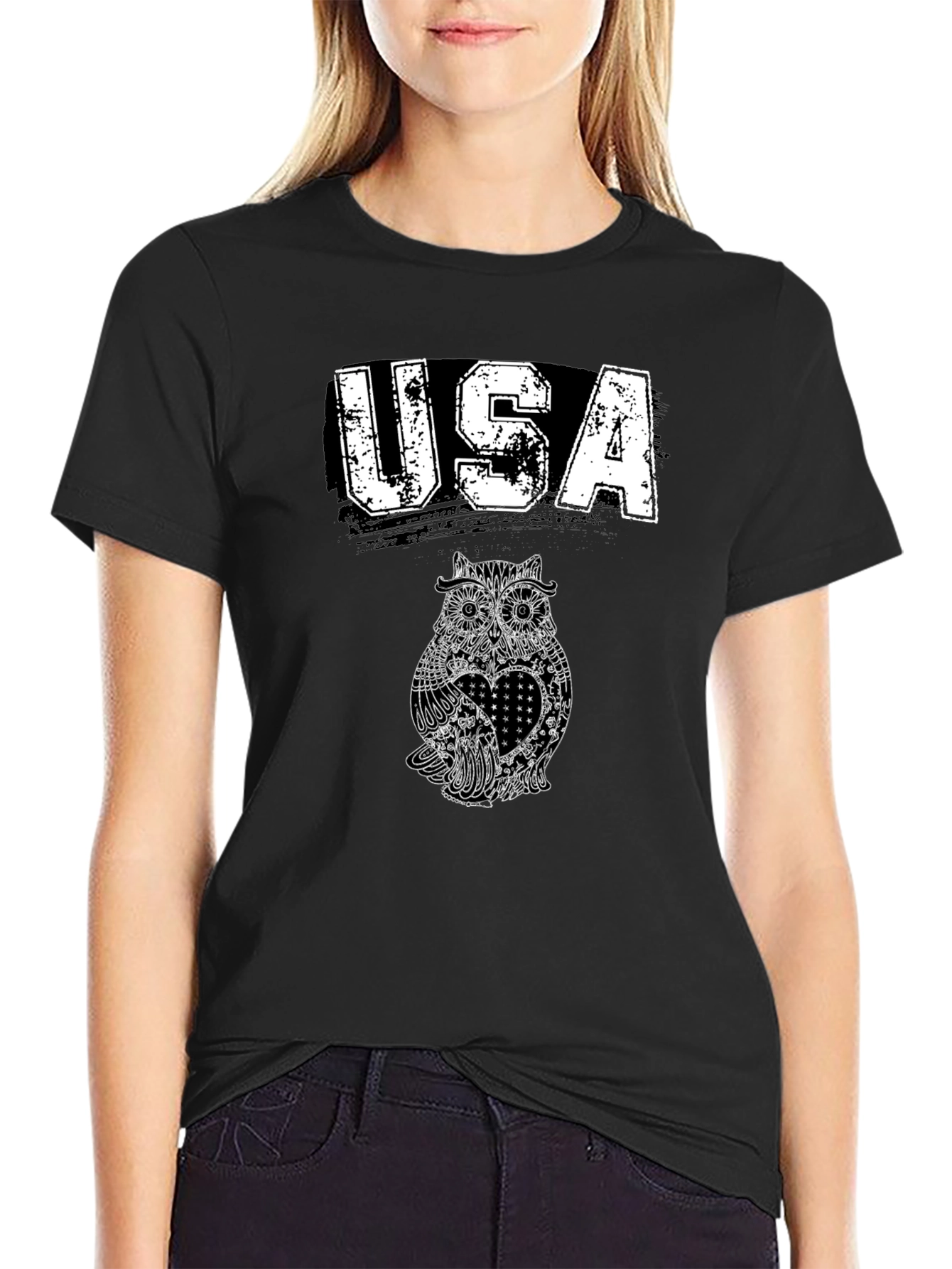 USA Owl Graphic Print Black T-Shirt