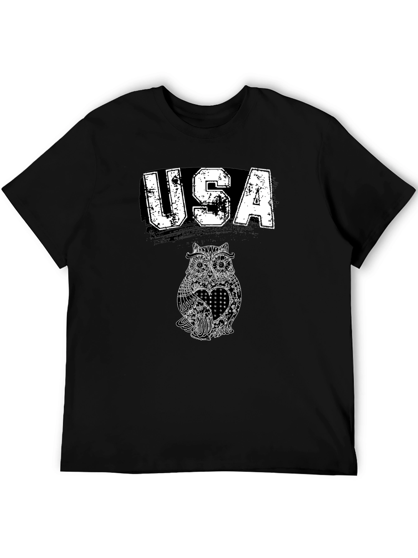 USA Owl Graphic Print Black T-Shirt