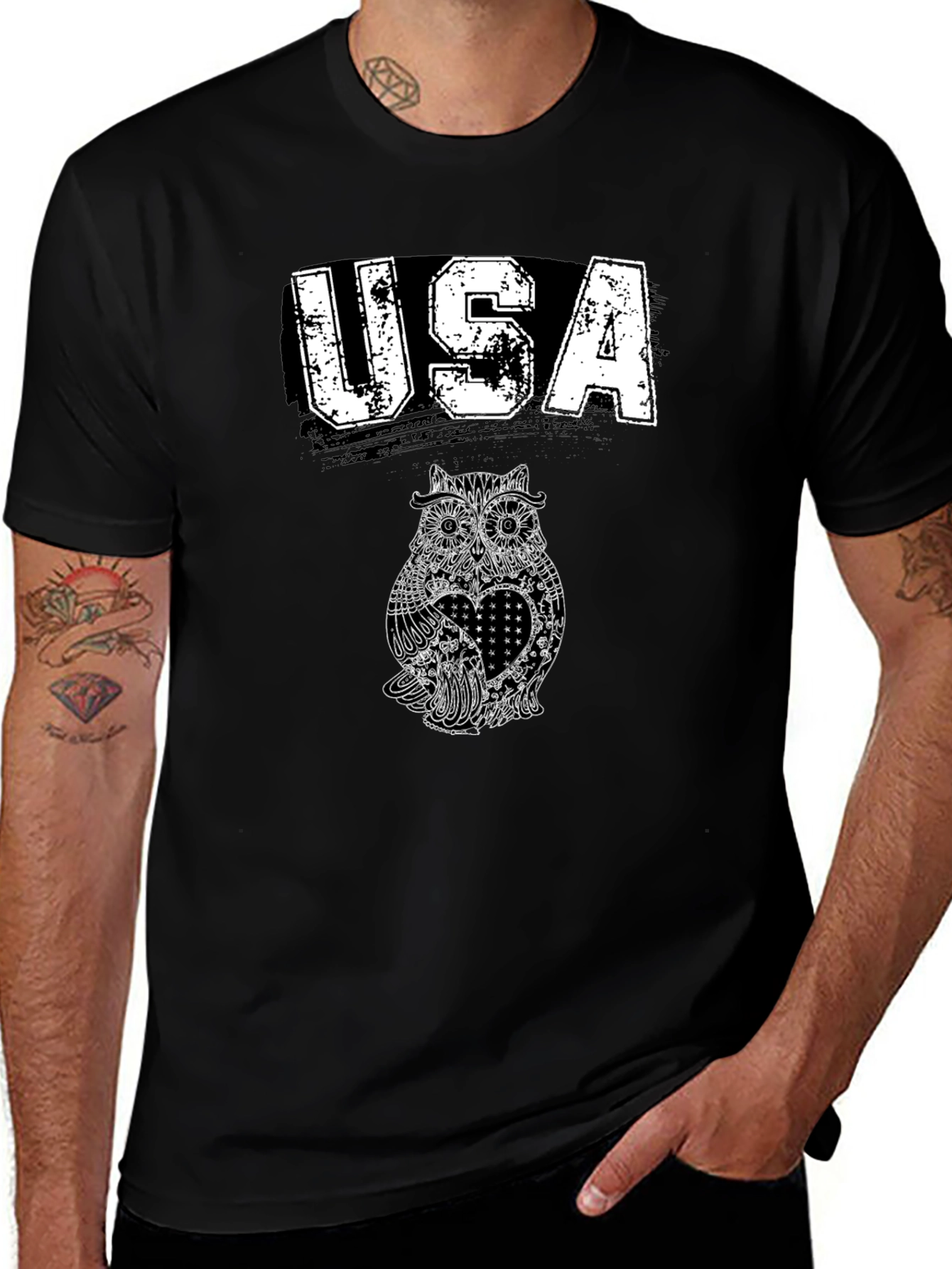 USA Owl Graphic Print Black T-Shirt