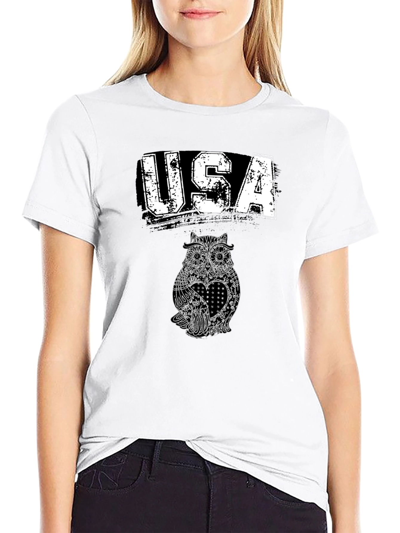 USA Owl Graphic Print Black T-Shirt