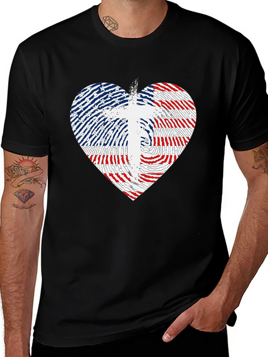USA Flag Heart & Cross Graphic Black T-Shirt