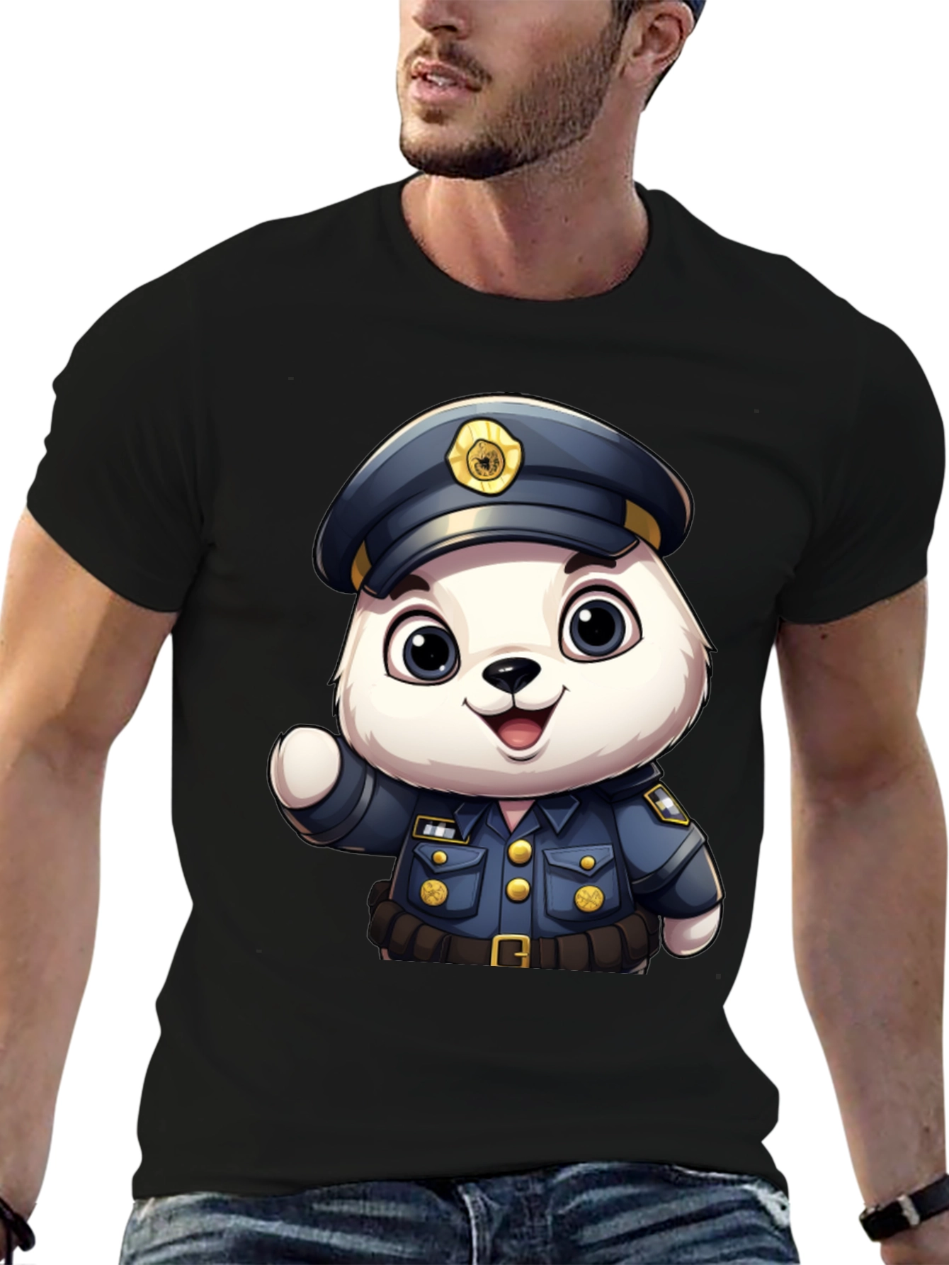 Cute Police Bear T-Shirt: Premium Black Cotton