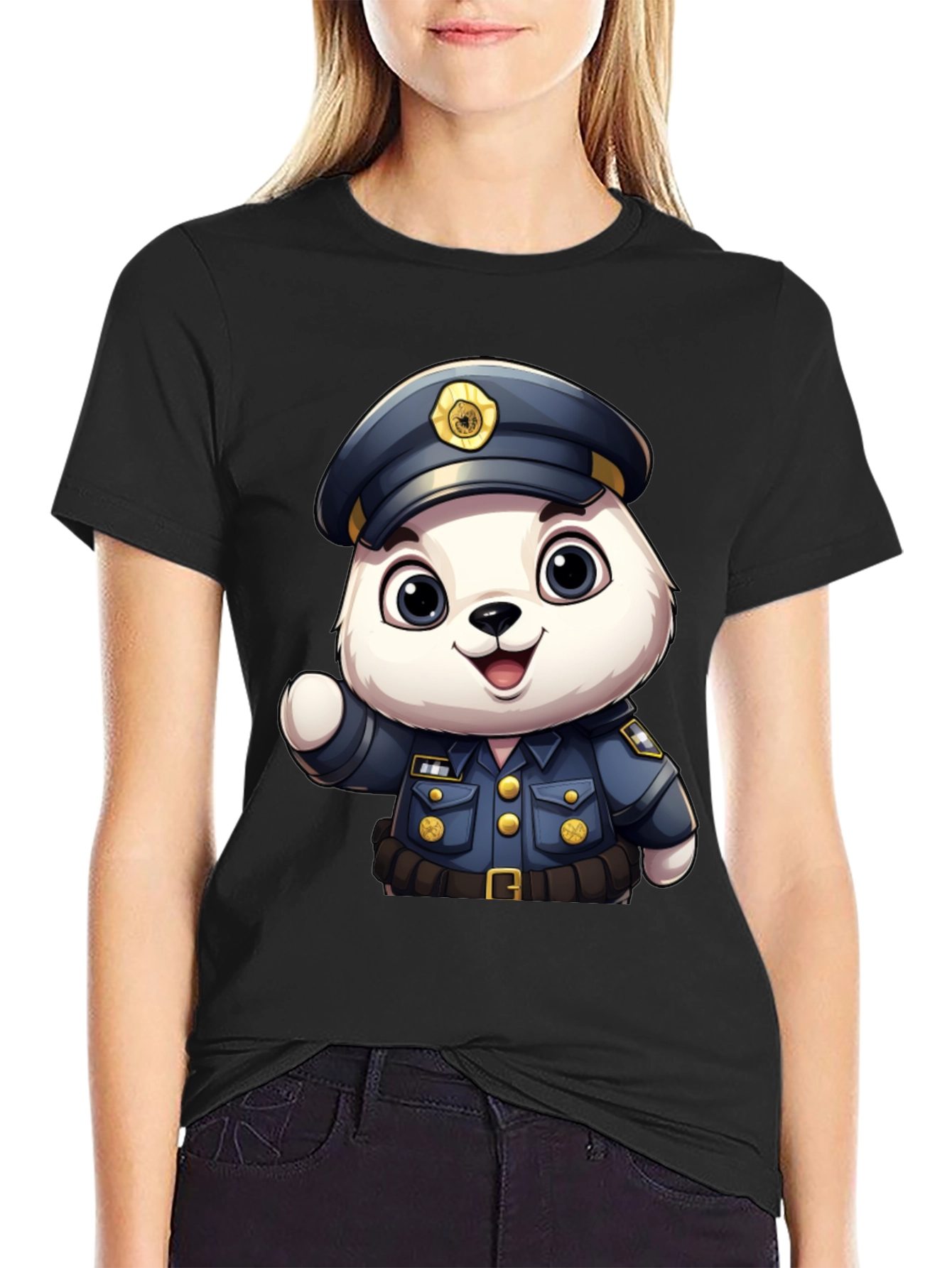 Cute Police Bear T-Shirt: Premium Black Cotton