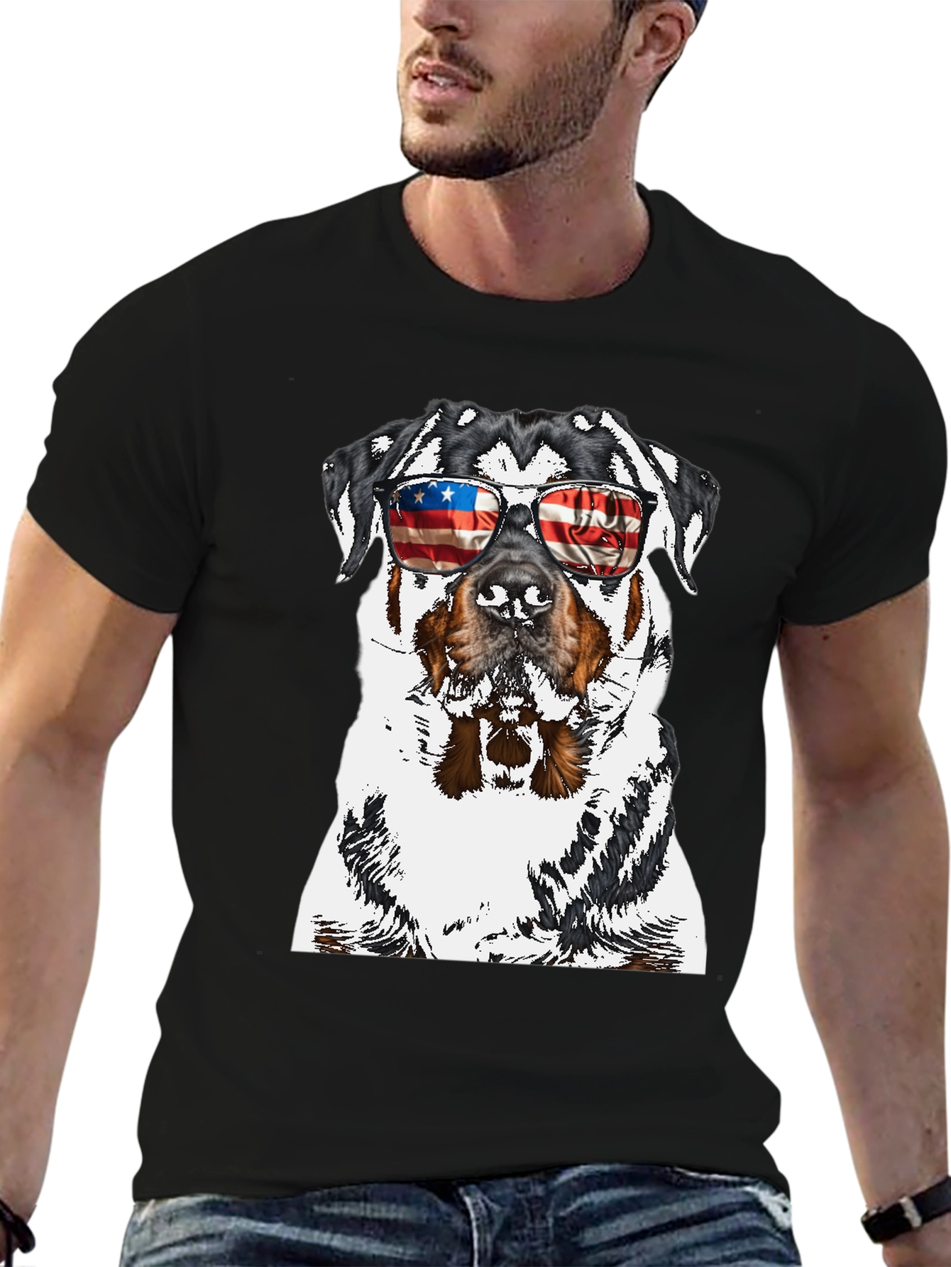 Rottweiler Dog Patriotic USA Flag Sunglasses T-Shirt