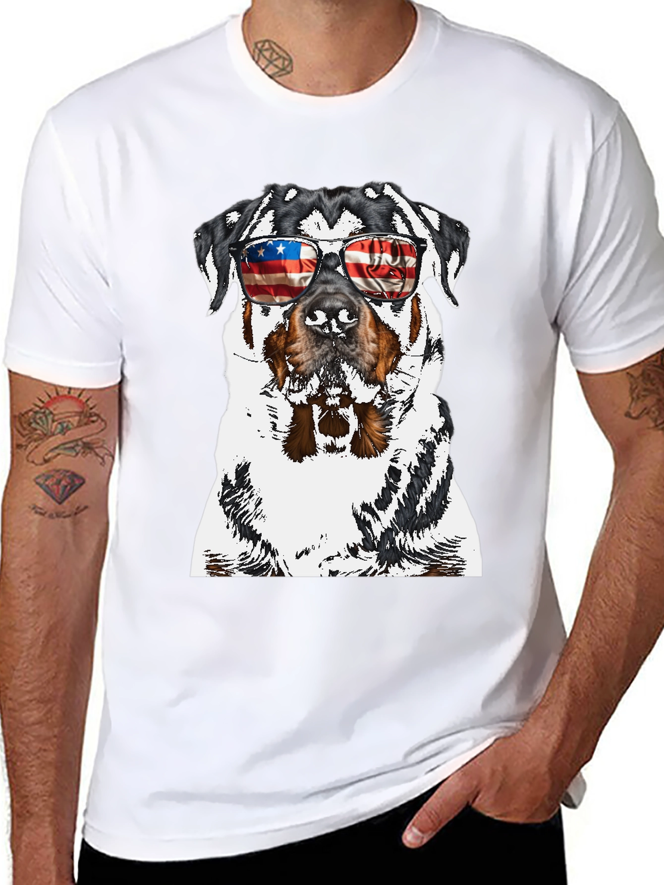Rottweiler Dog Patriotic USA Flag Sunglasses T-Shirt