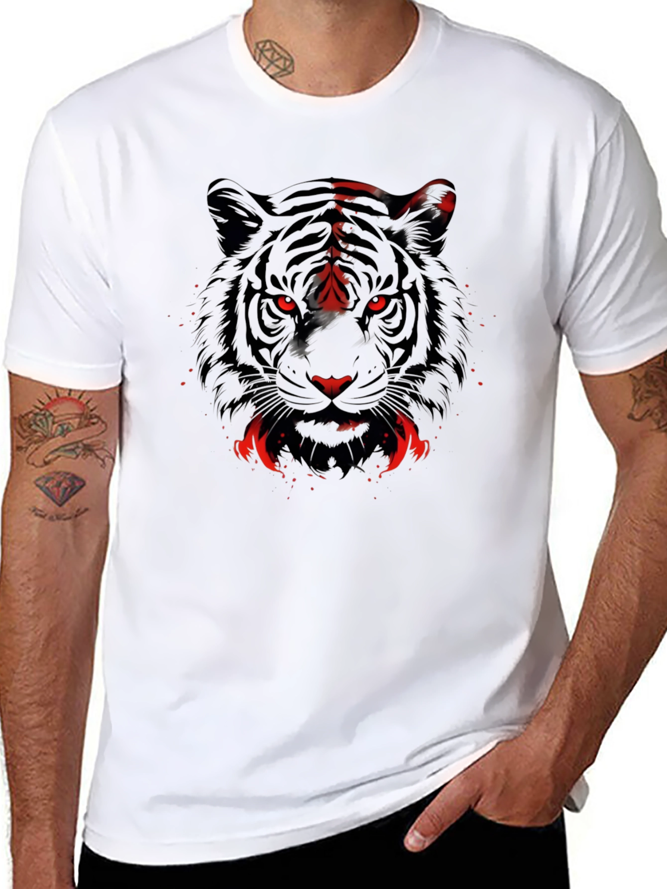 Mens Black Tiger Graphic Tee - Red Eyes