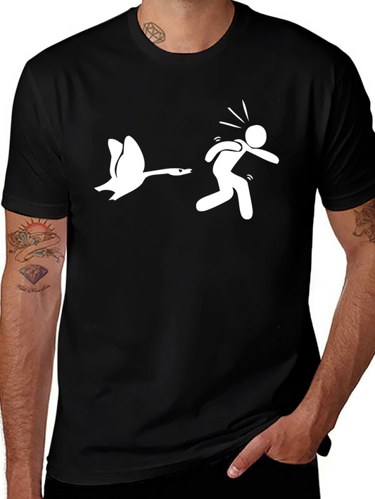 Goose Chasing Stick Figure Funny Black T-Shirt