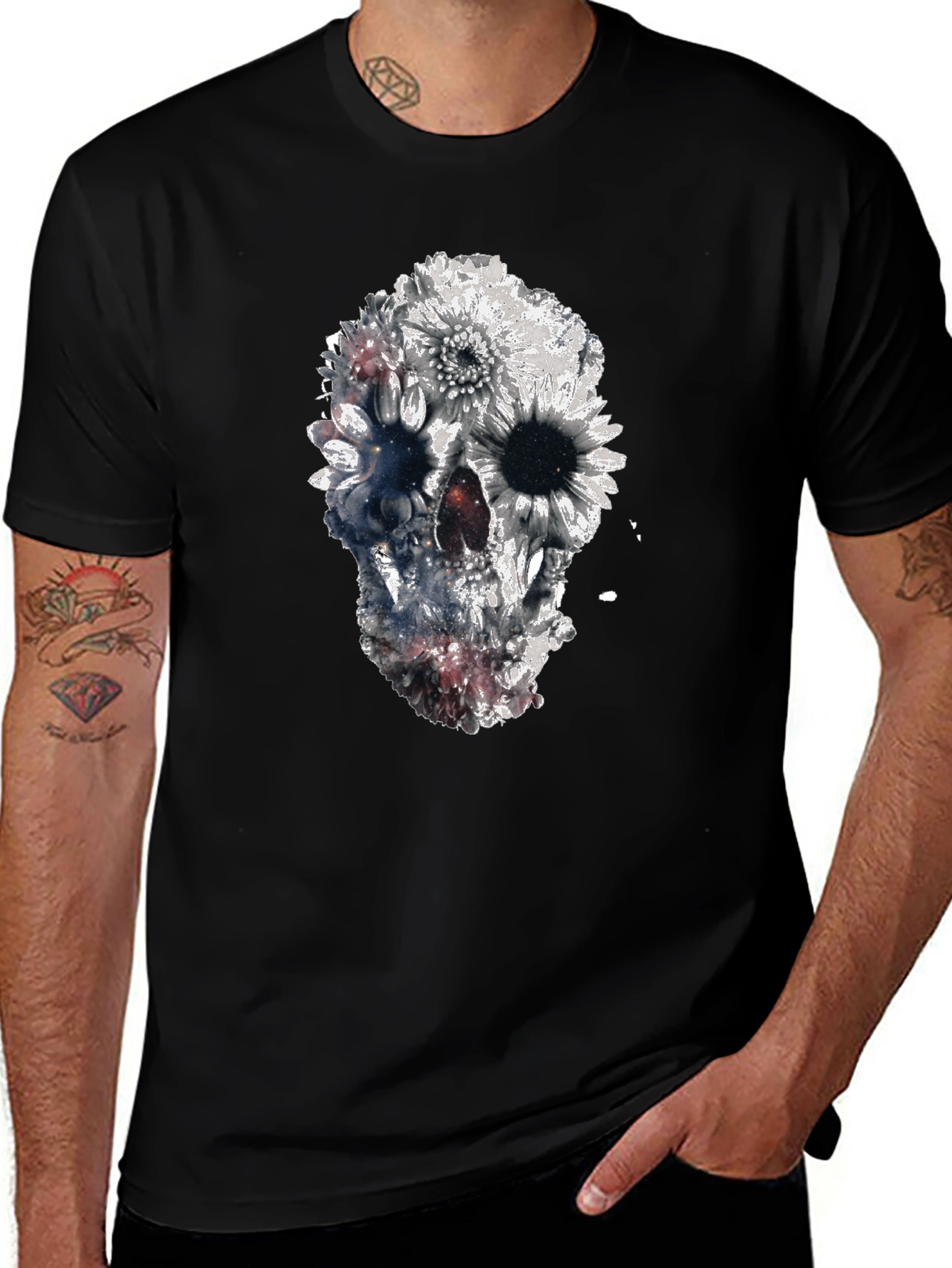 Floral Skull Graphic Black T-Shirt