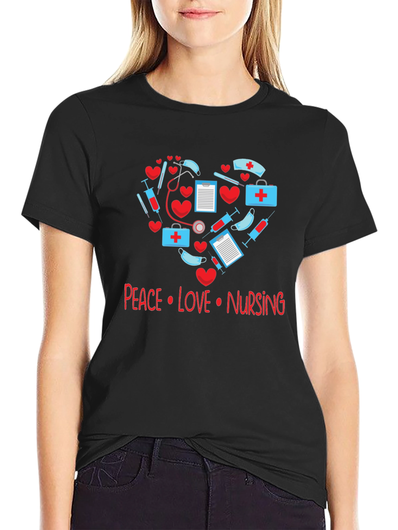 Peace Love Nursing T-Shirt - Medical Heart Design