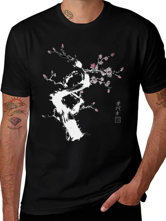 Black T-Shirt with White Floral Tree Design