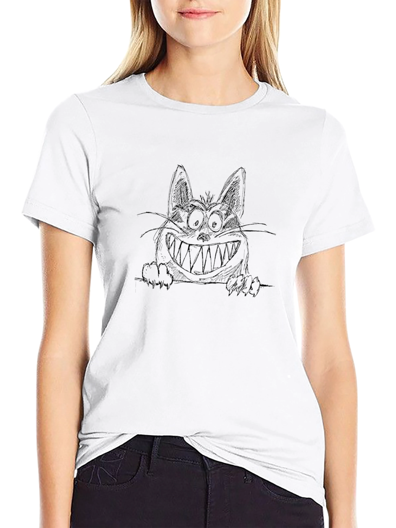 Grinning Cat Graphic Tee - Black Cotton T-Shirt