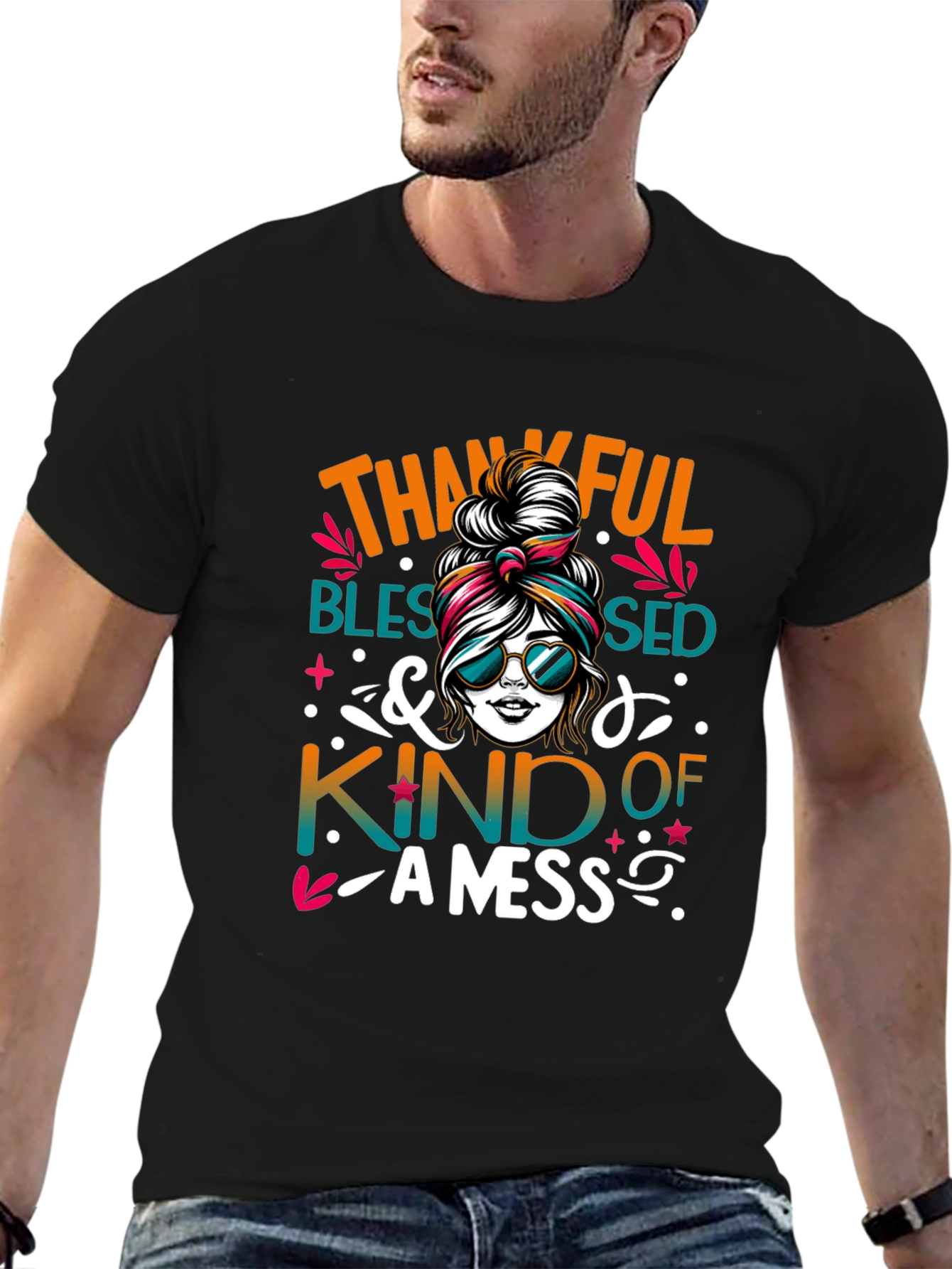 Thankful Blessed Messy Bun T-Shirt