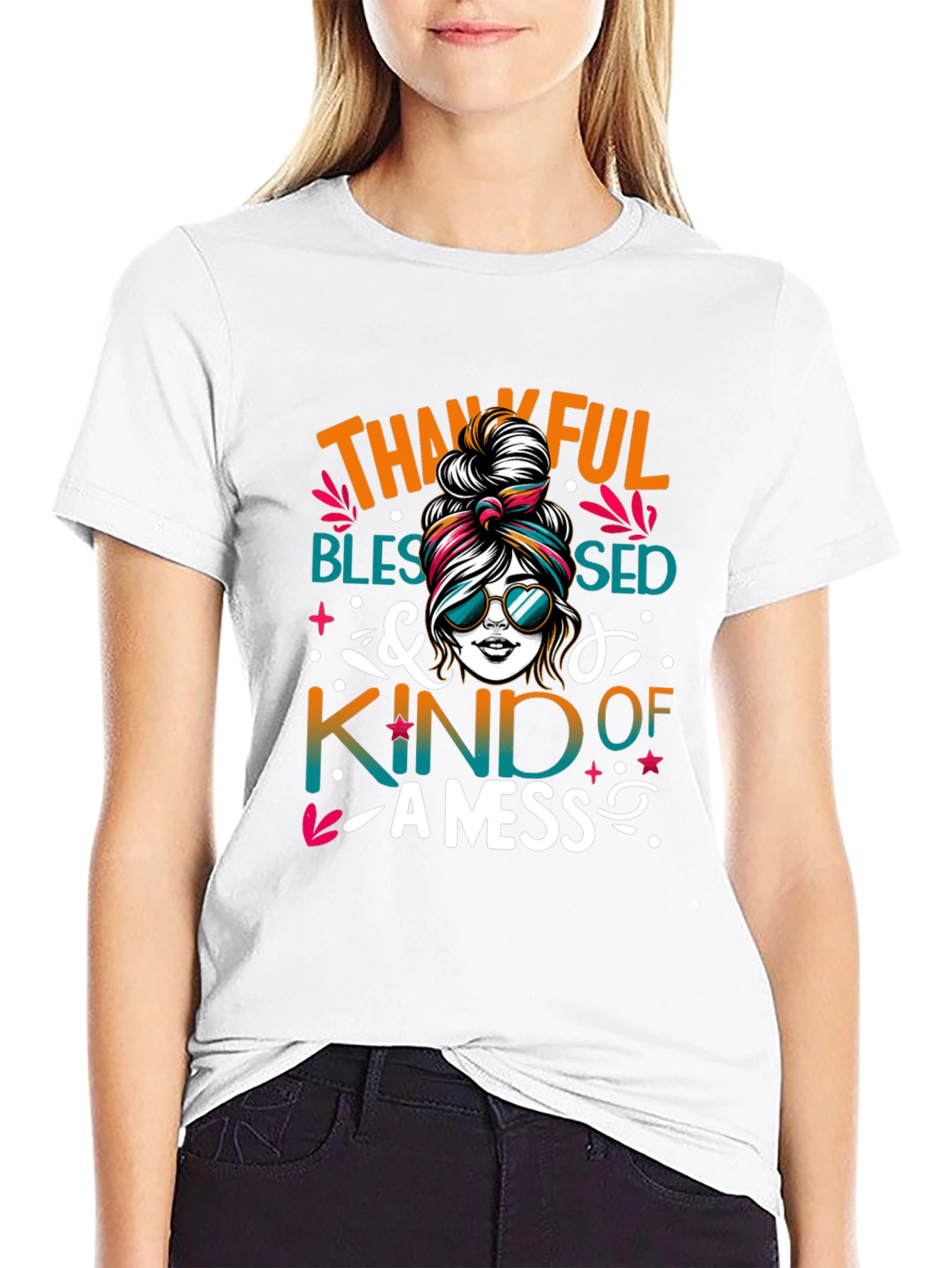 Thankful Blessed Messy Bun T-Shirt