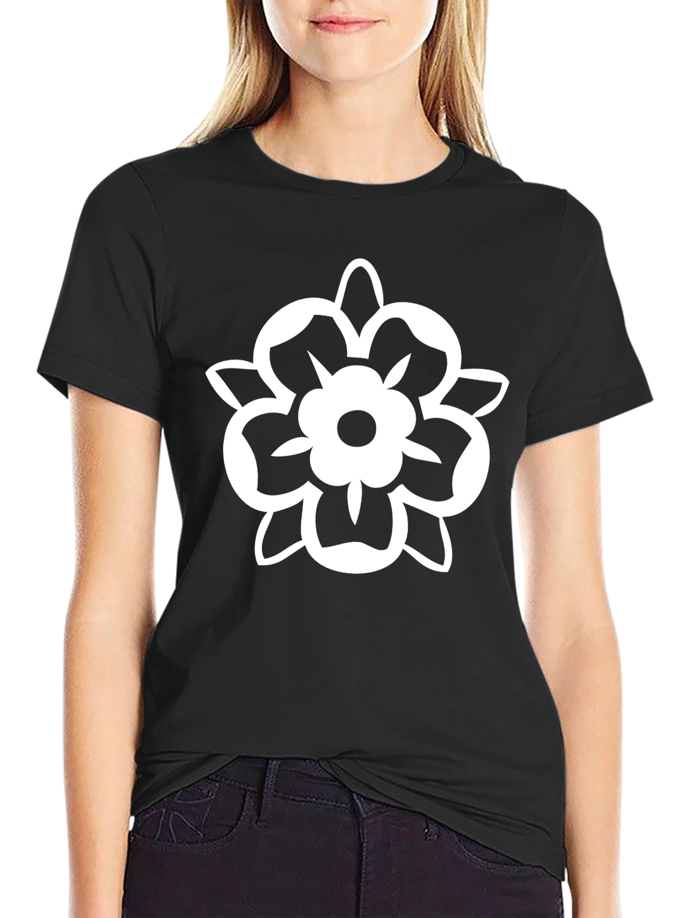 Black Tee with White Floral Graphic