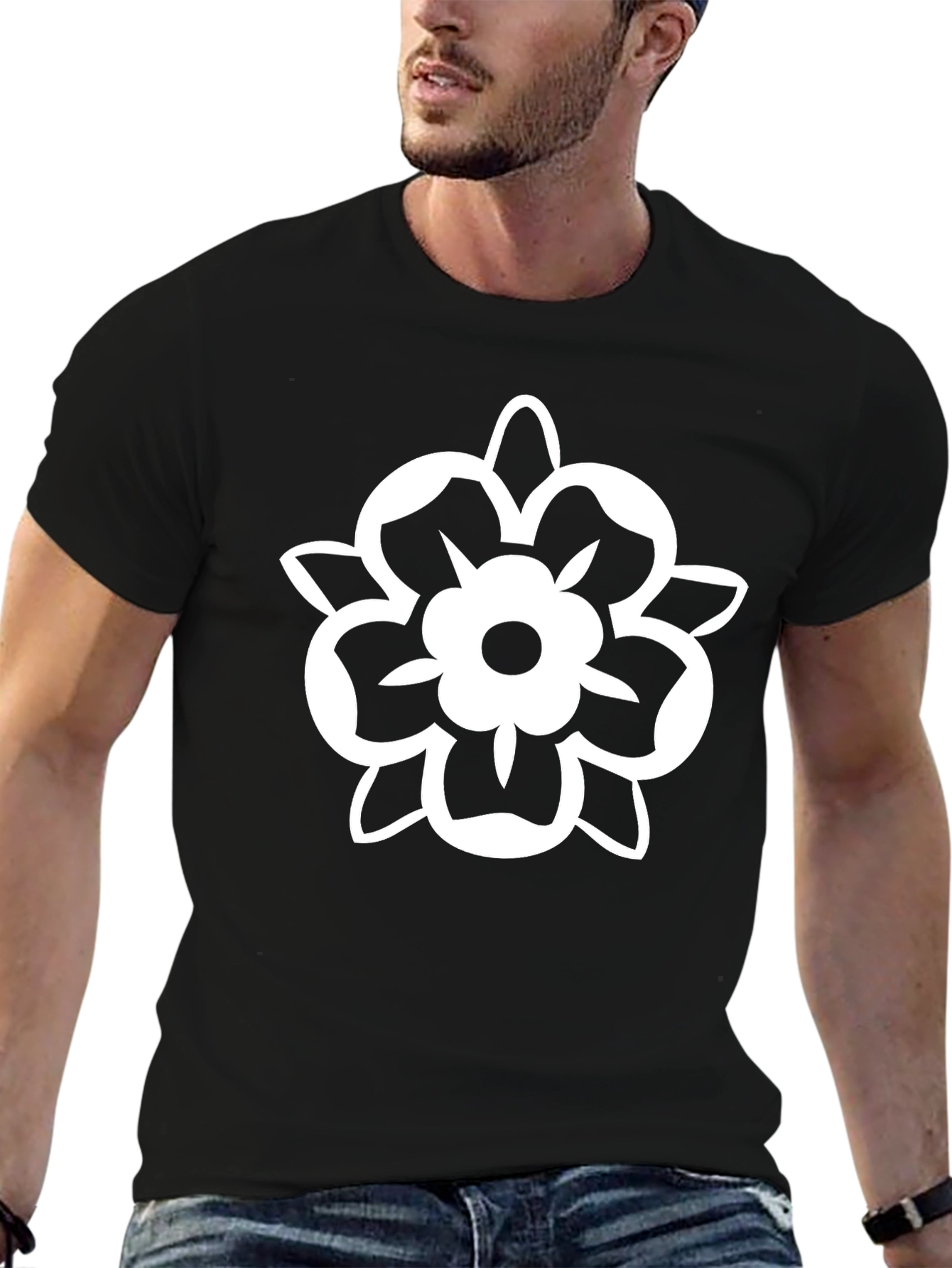 Black Tee with White Floral Graphic